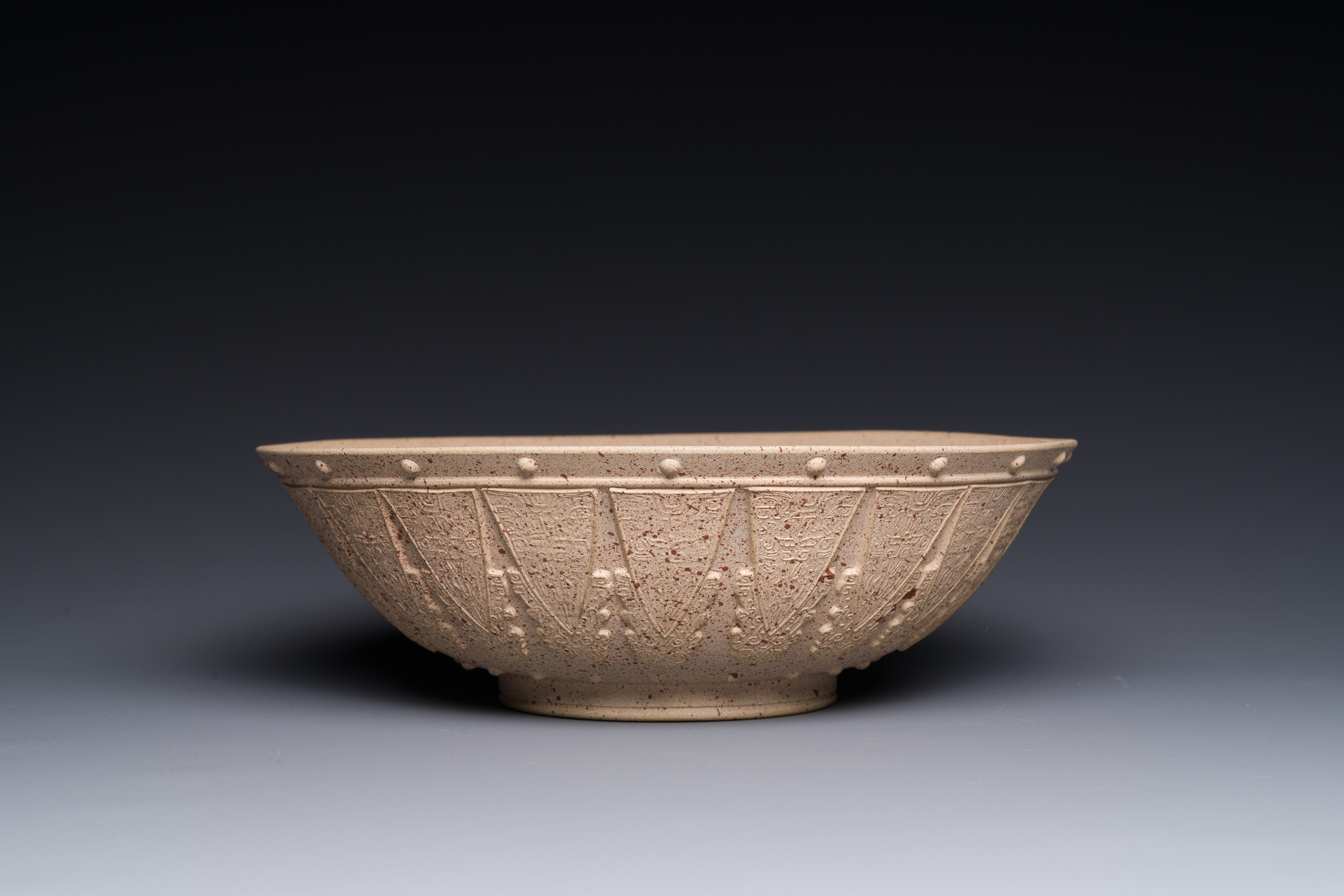 A large Chinese Yixing stoneware bowl with relief design, Qianlong mark, 18/19th C. - Image 3 of 4