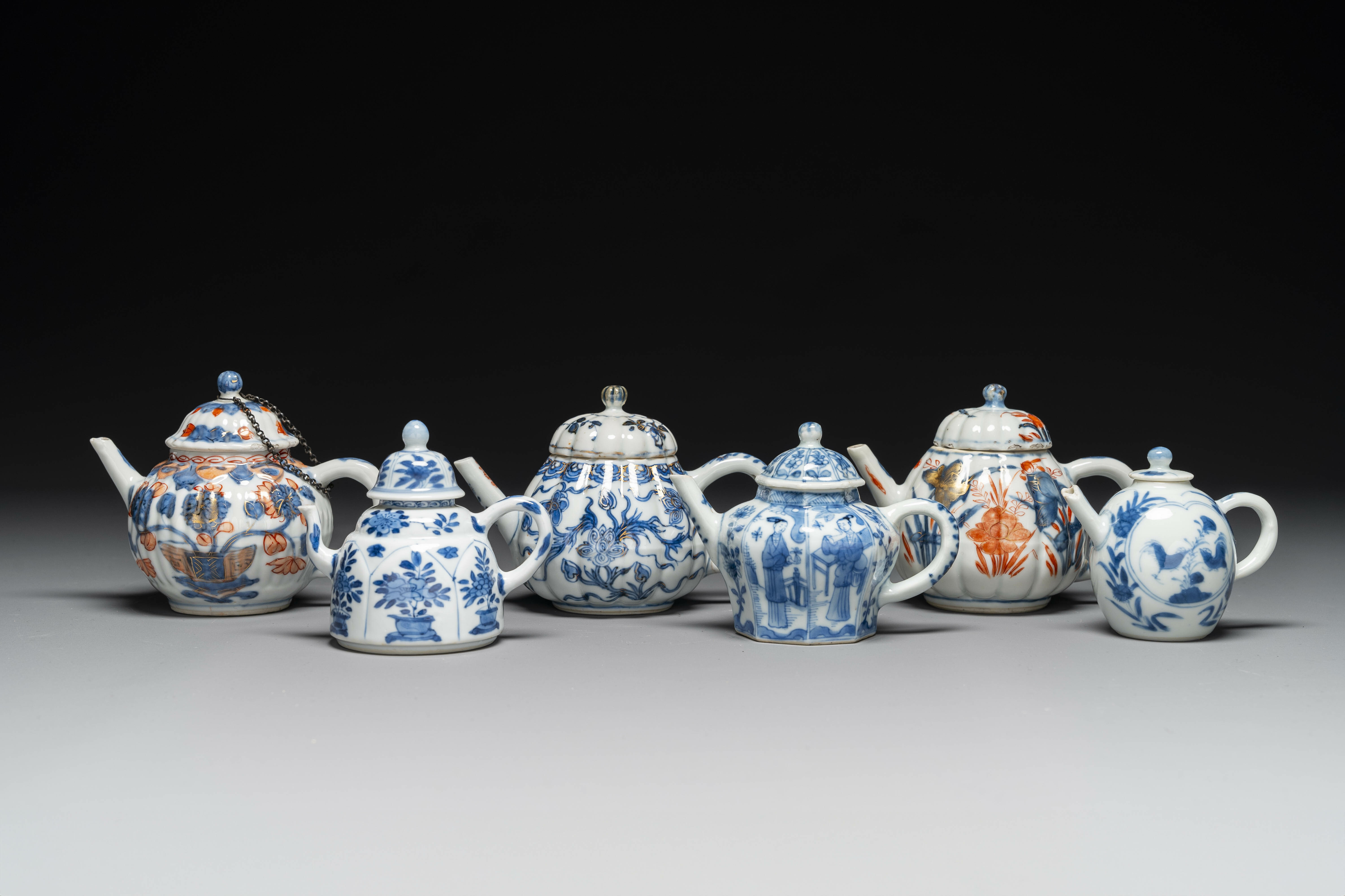 Six Chinese blue-white and Imari-style teapots, Kangxi/Yongzheng