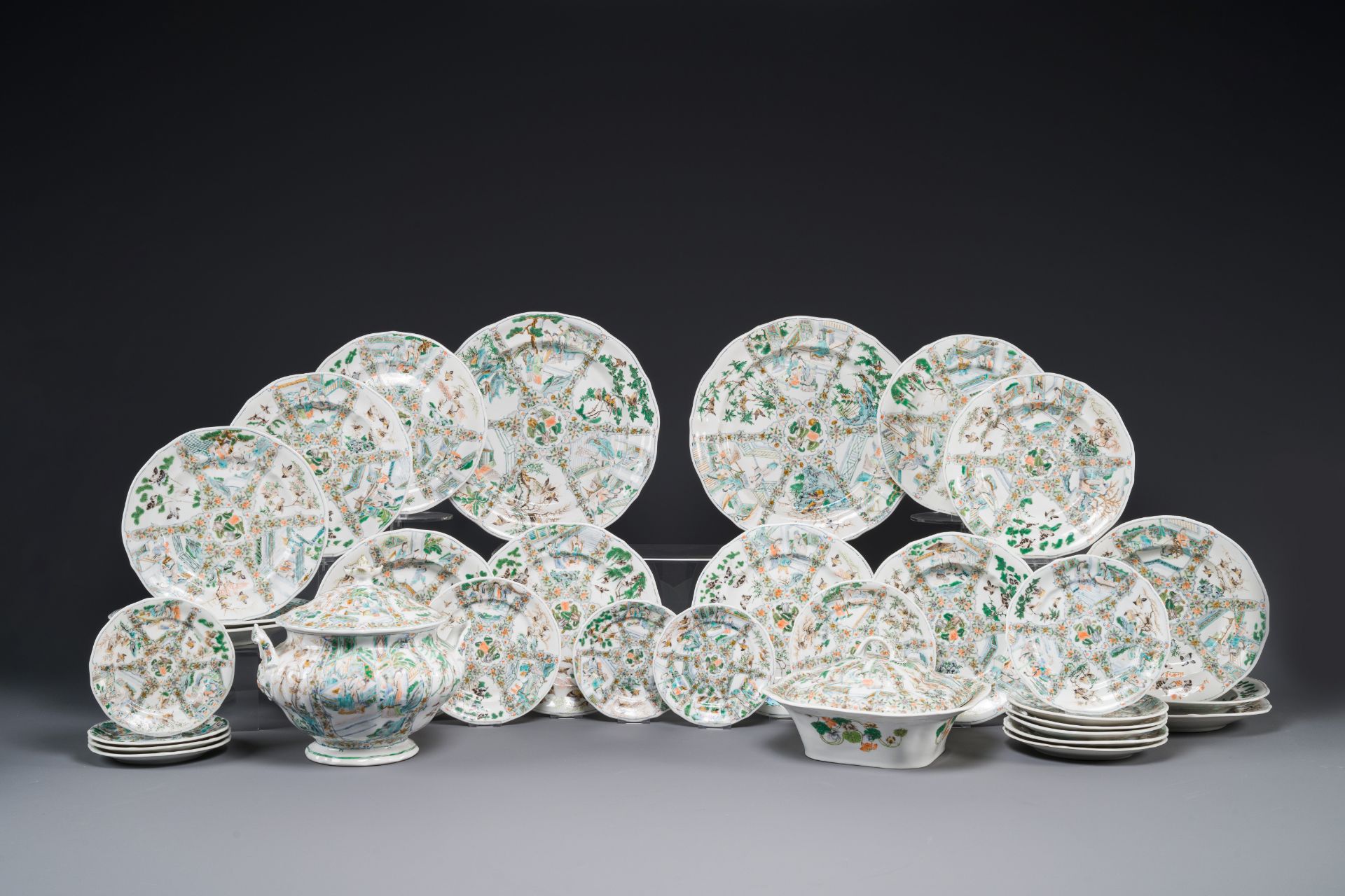 A rare 30-piece KPM porcelain service with Cantonese famille verte painting, China and Germany, 19th