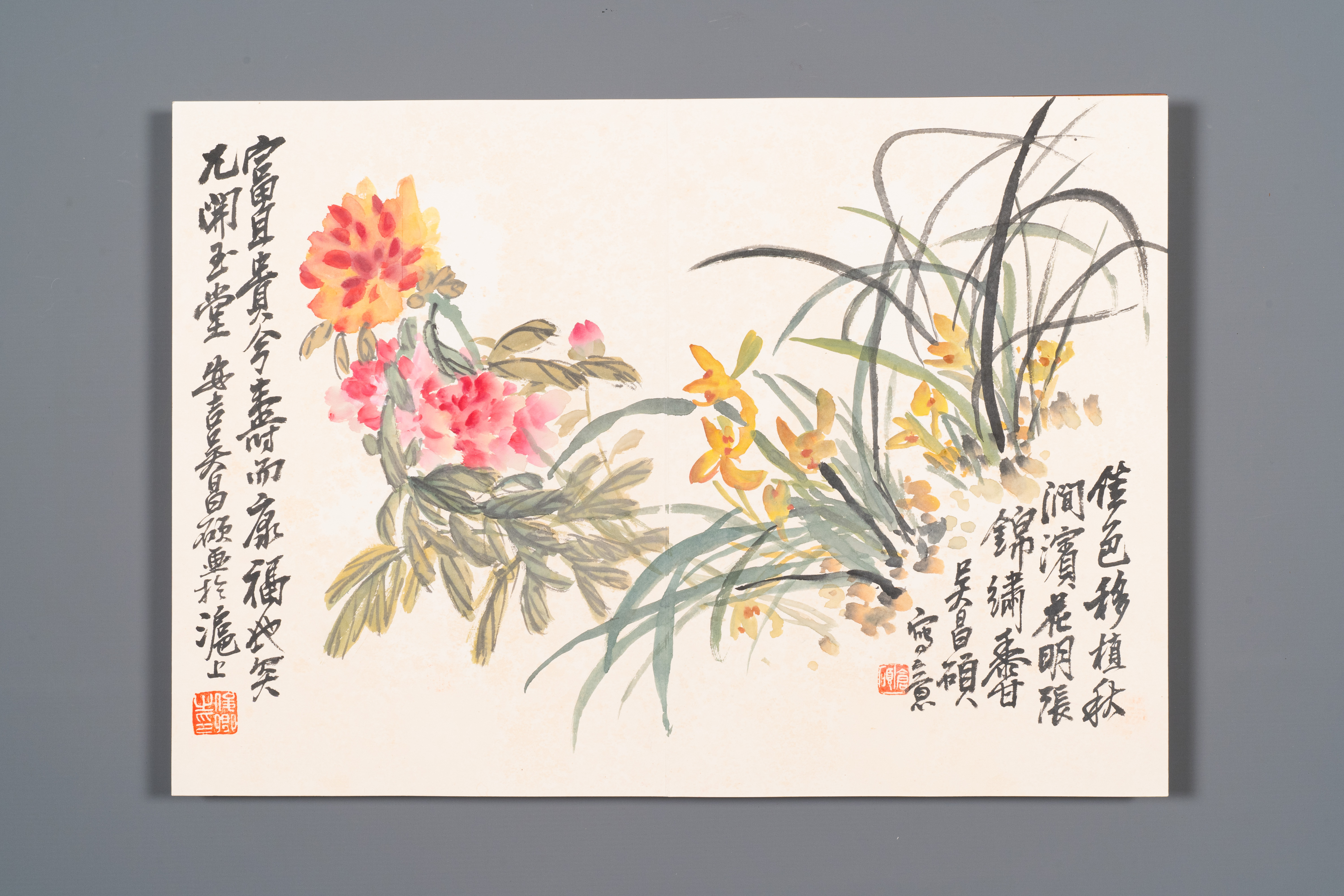 Wu Changshuo å´æ˜Œç¡• (1844-1927): Album with 10 floral works accompanied by calligraphy, ink and c - Image 2 of 14