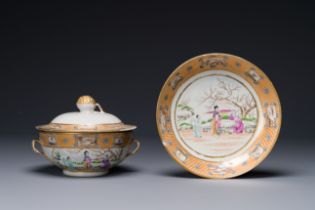 A Chinese Canton famille rose covered bowl and matching plate, 19th C.