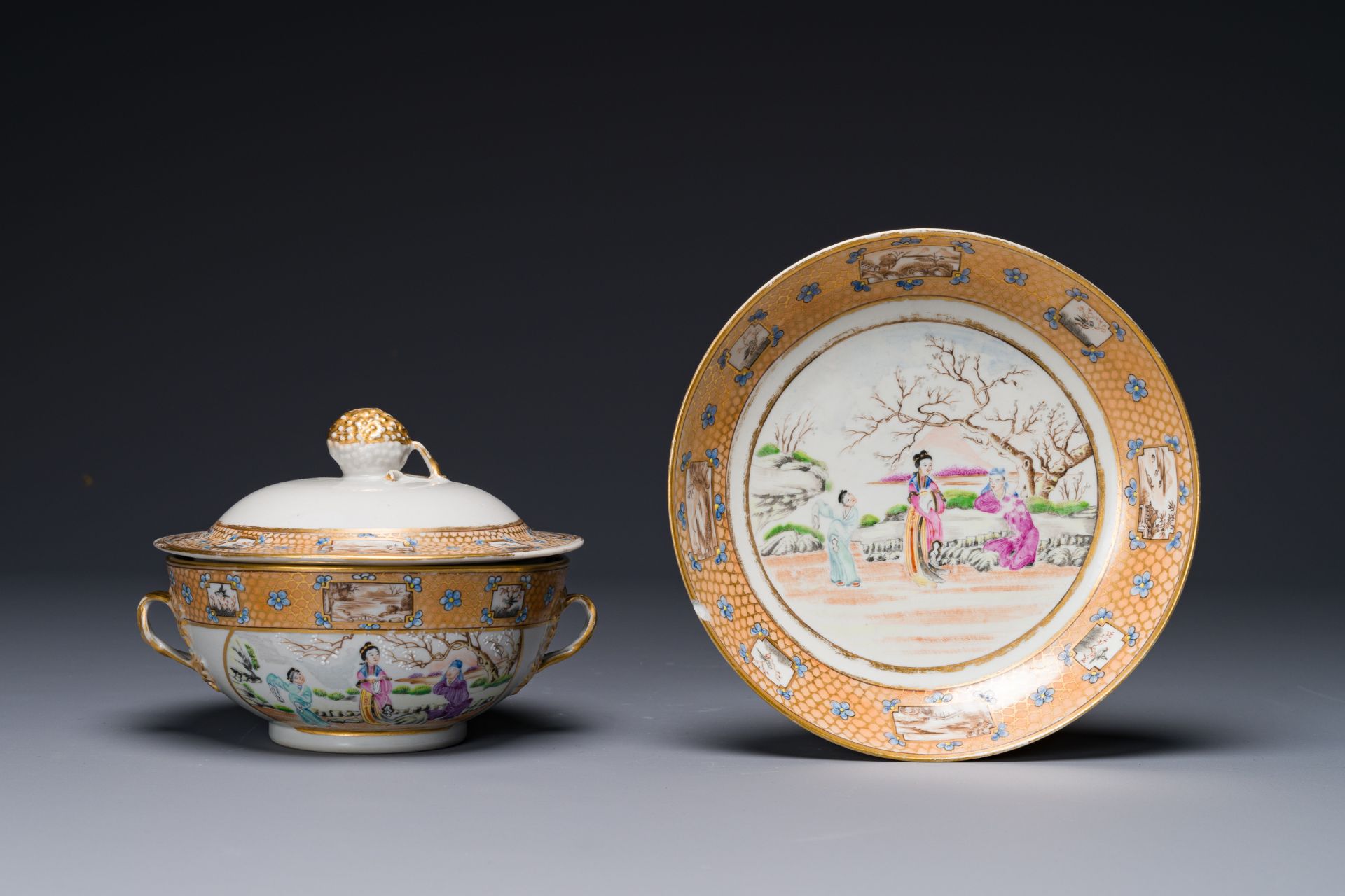 A Chinese Canton famille rose covered bowl and matching plate, 19th C.