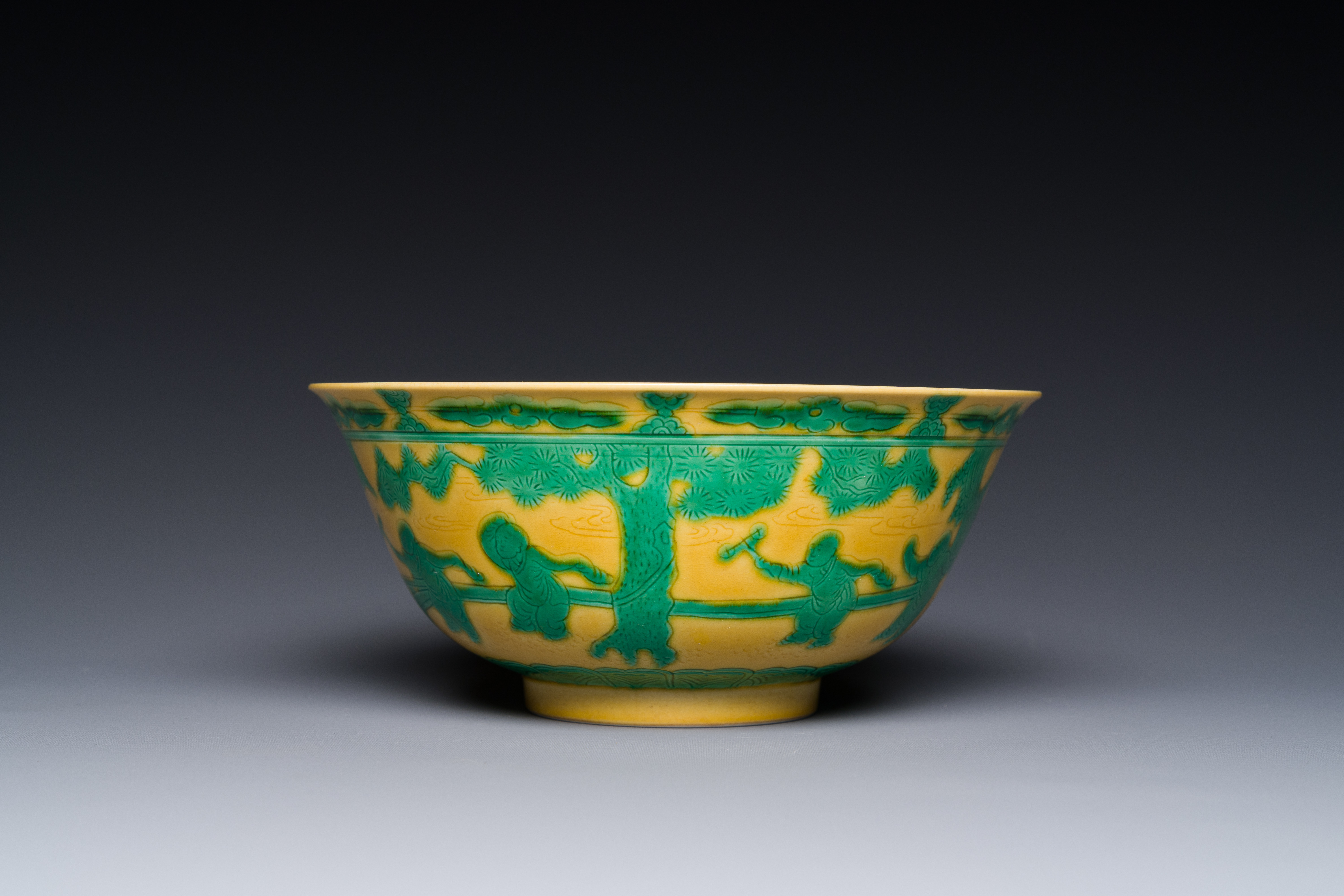 A Chinese yellow-ground 'playing boys' bowl, Yongzheng mark and prossibly of the period - Image 4 of 7