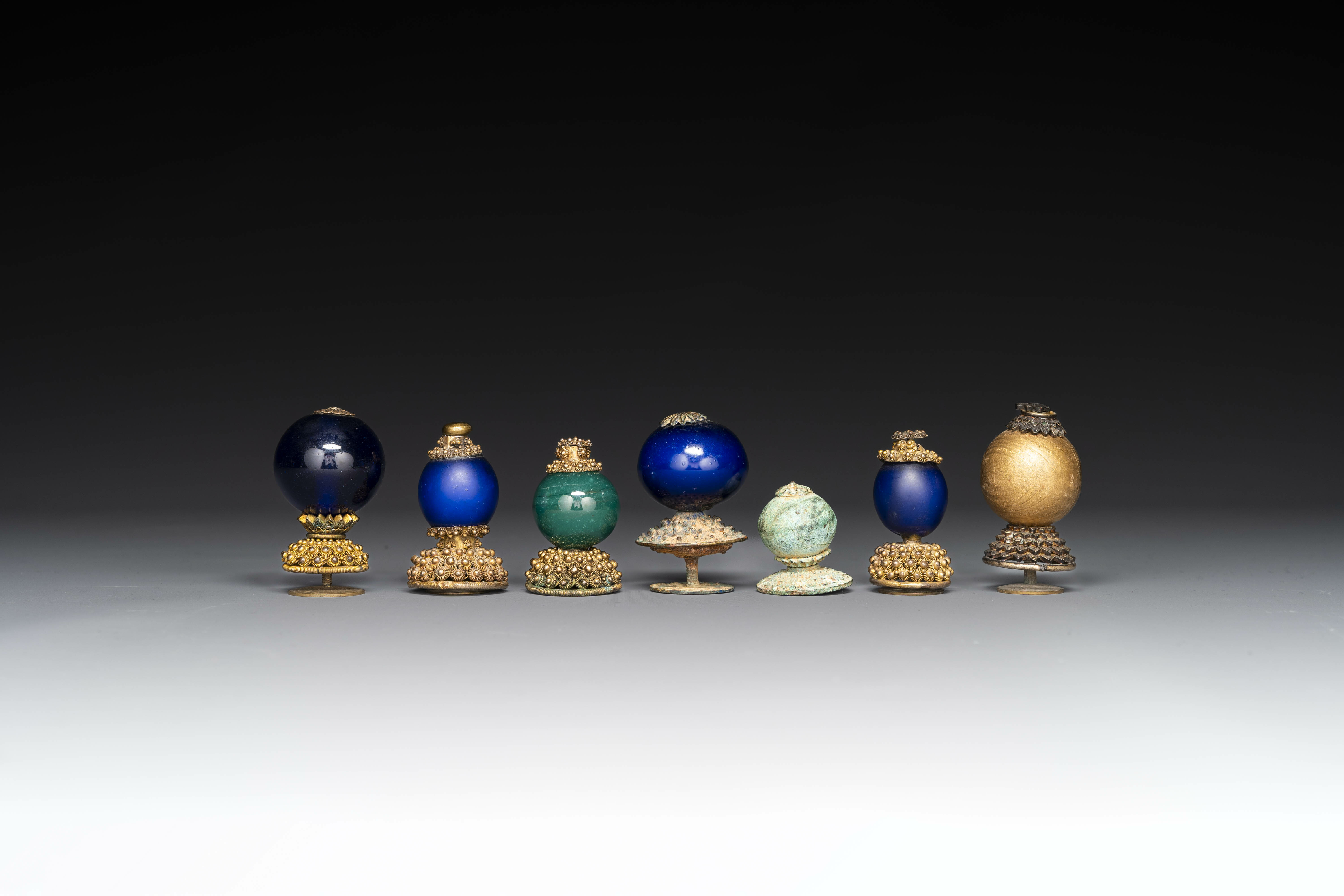 Seven Chinese gilt bronze Mandarin hat finials, Qing - Image 4 of 7