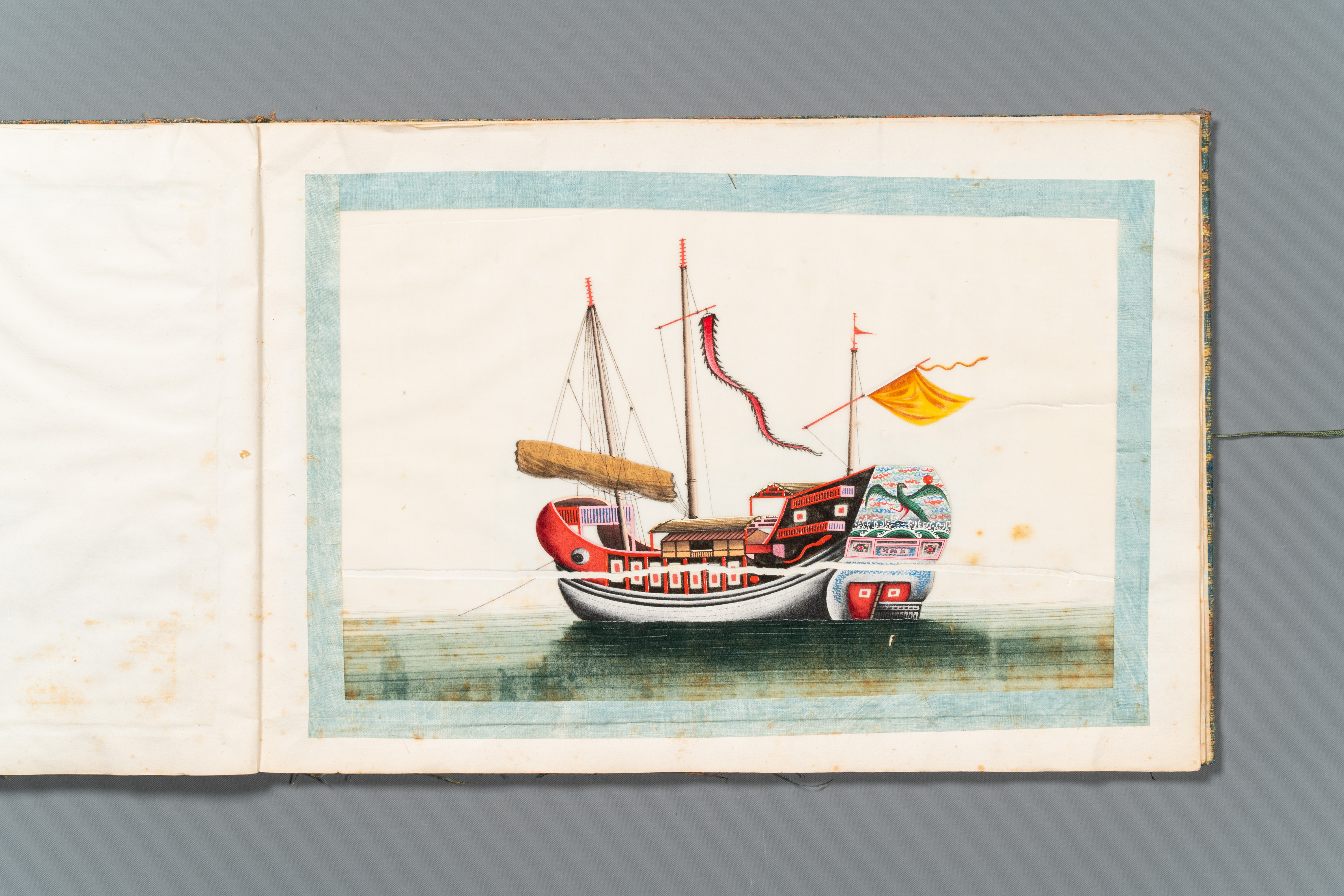 A rare album with Chinese rice paper paintings of 'Hong' views, figures and ships, Canton, Foekhing - Image 11 of 14