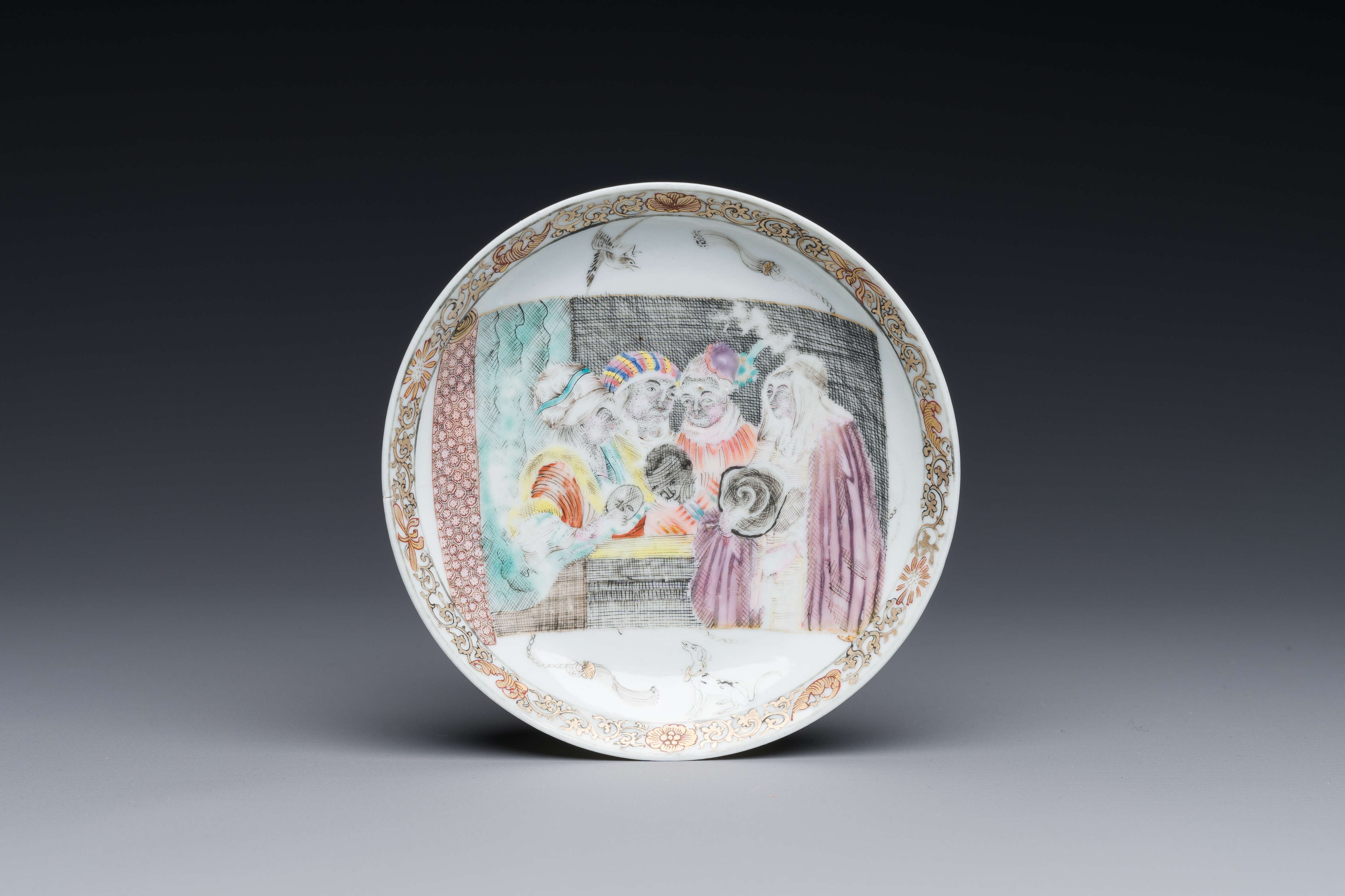 A rare Chinese rose-grisaille cup and saucer after 'Actors of the Comedie-Francaise' by Watteau, Yon - Image 2 of 9