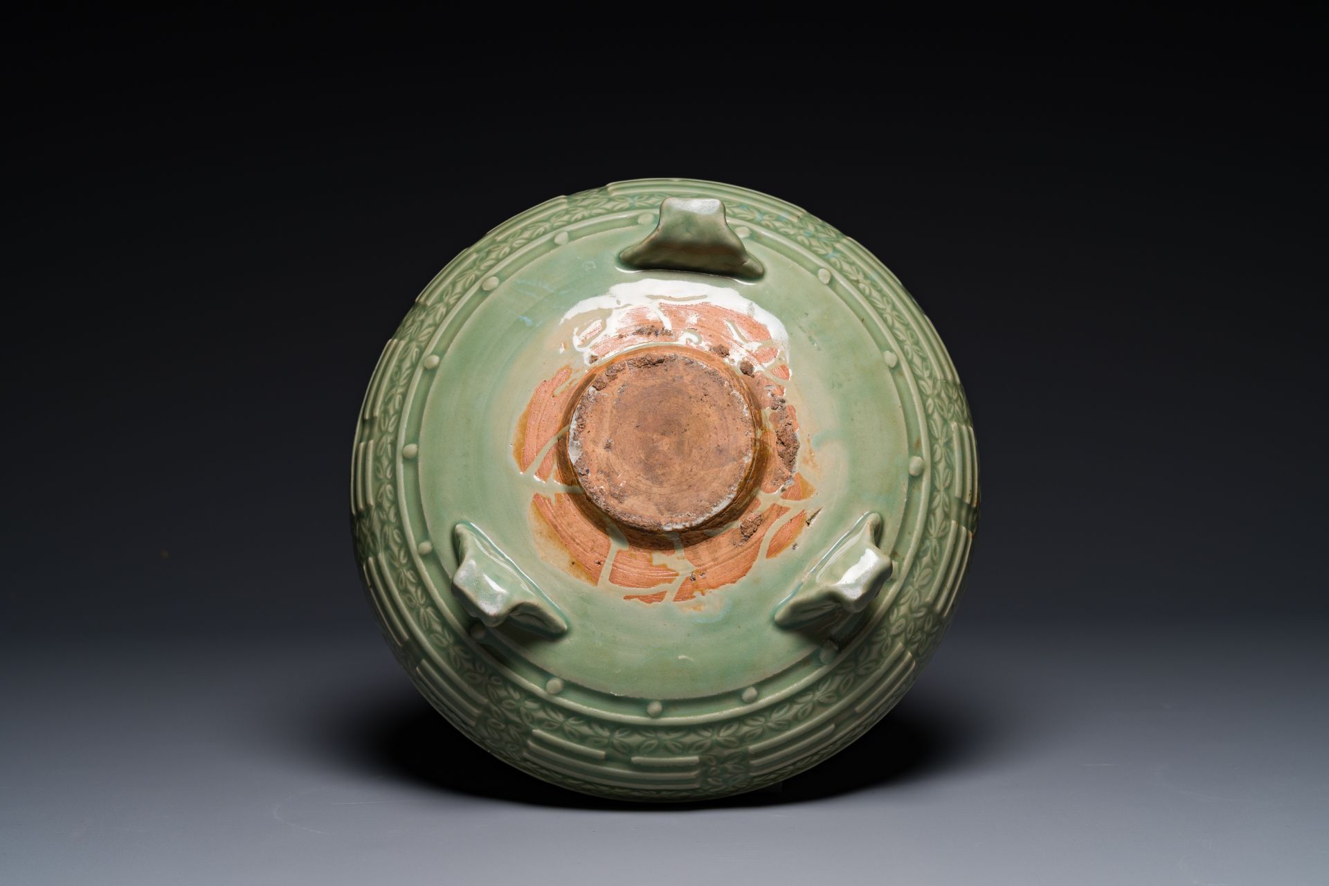 A large Chinese Longquan celadon 'trigrams' censer on wooden stand, Ming - Image 5 of 5