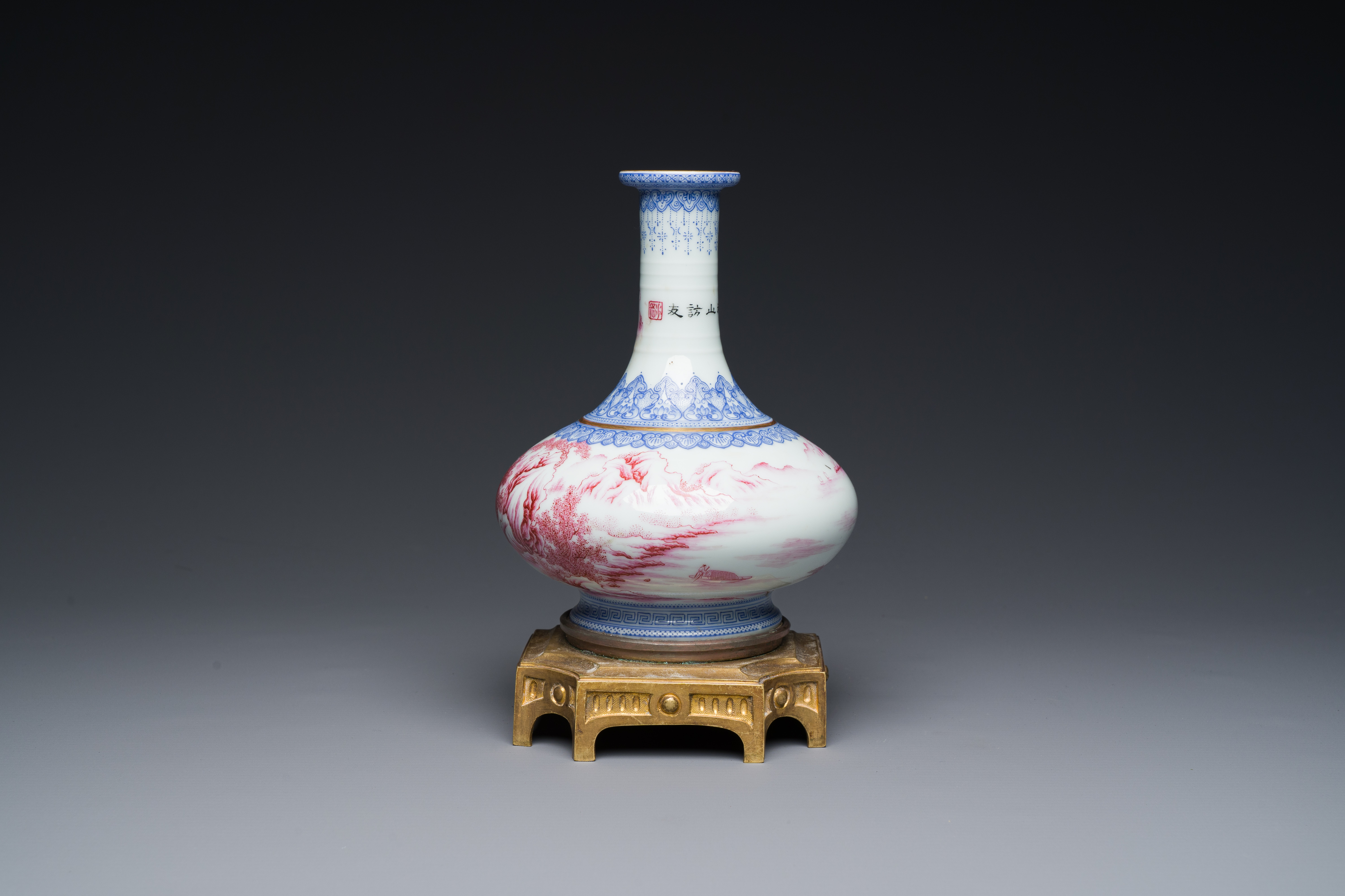 A Chinese blue-and-puce-enamelled bottle vase with a gilt bronze mount, 20th C. - Image 3 of 6