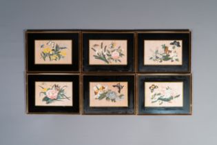 Six framed Chinese rice paper paintings with flowers and butterflies, Canton, 19th C.