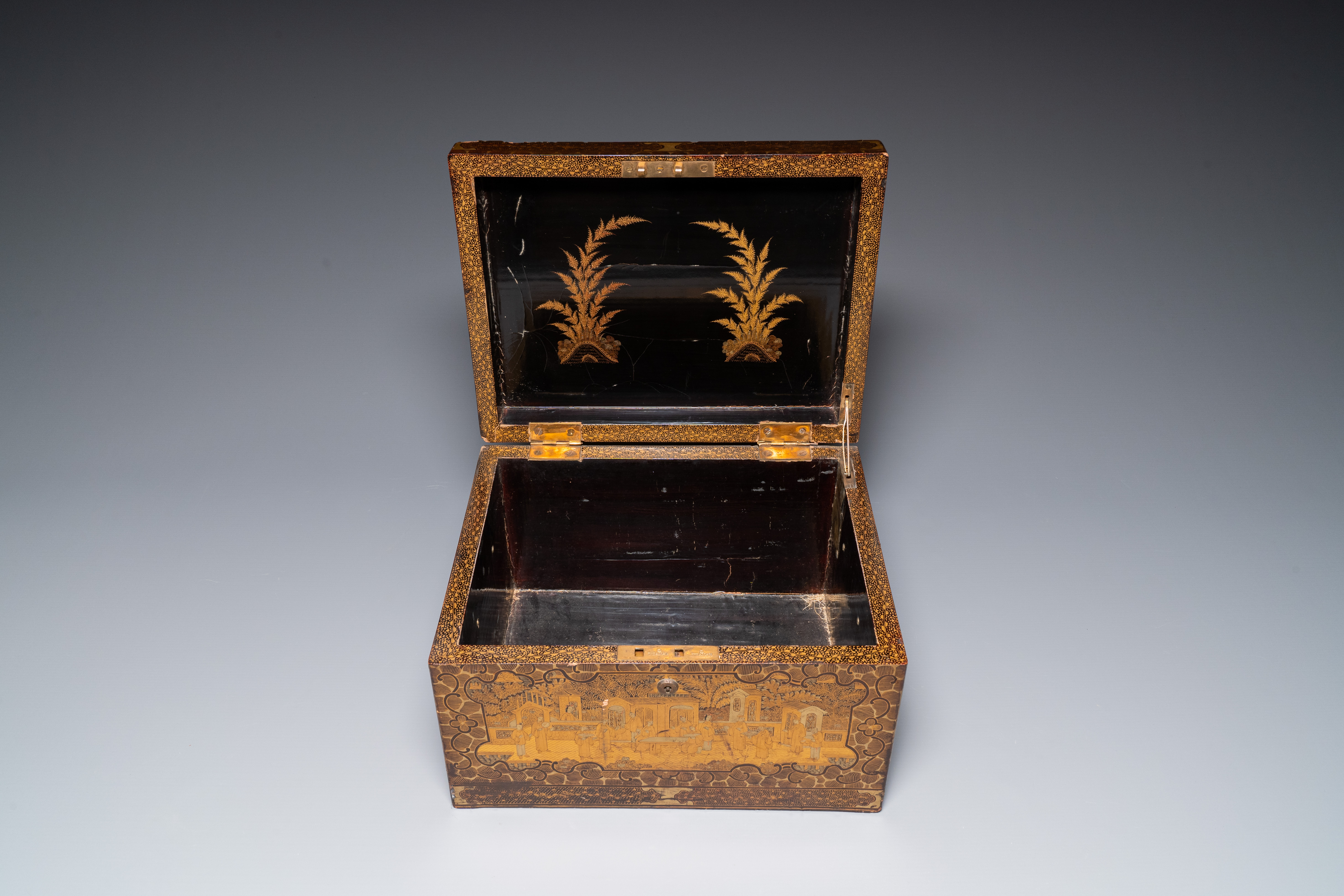 Two Chinese Canton gilt black lacquer miniature cabinets and a box, 19th C. - Image 7 of 10