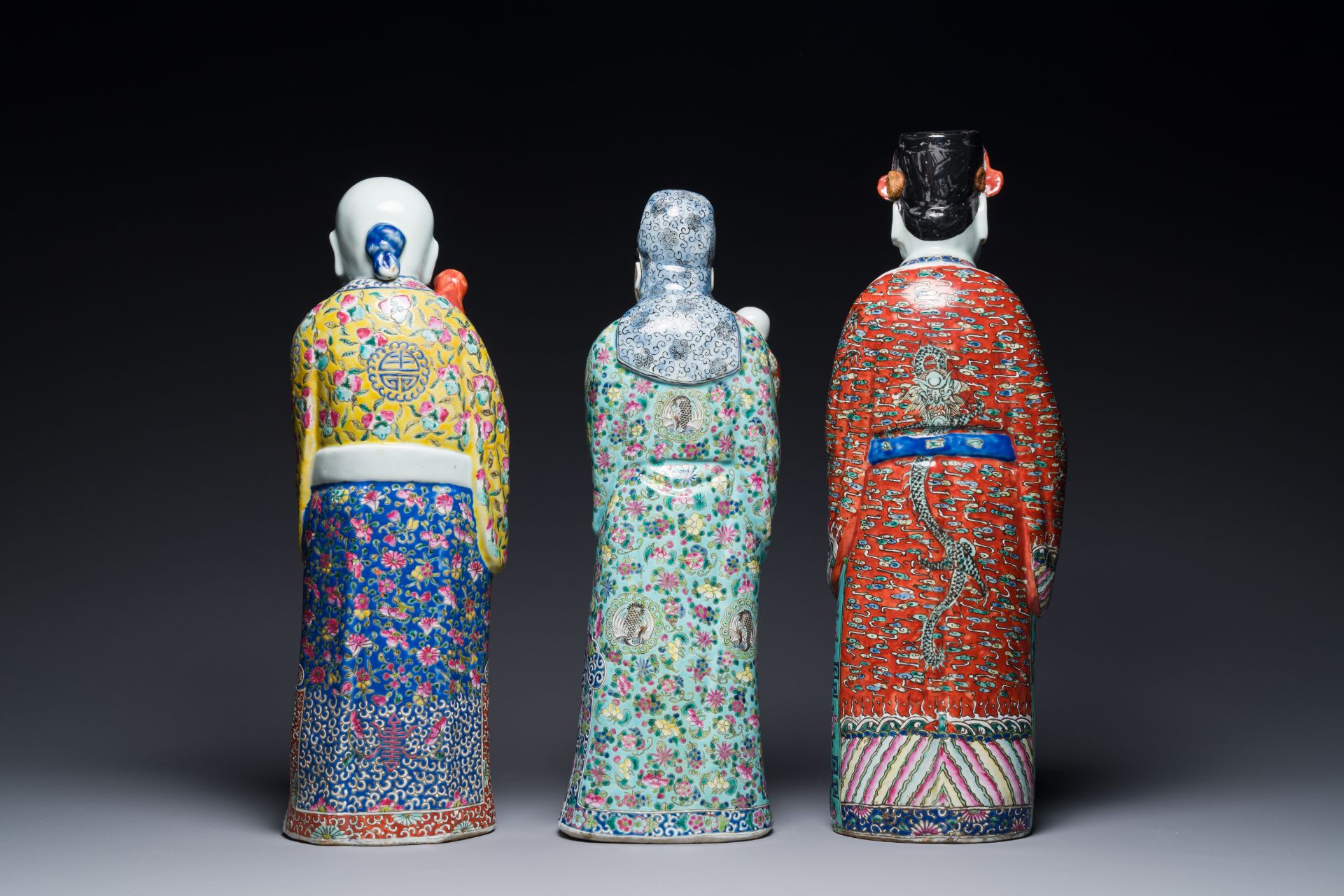 Three Chinese famille rose figures of star gods, seal marks, 19/20th C. - Image 3 of 4