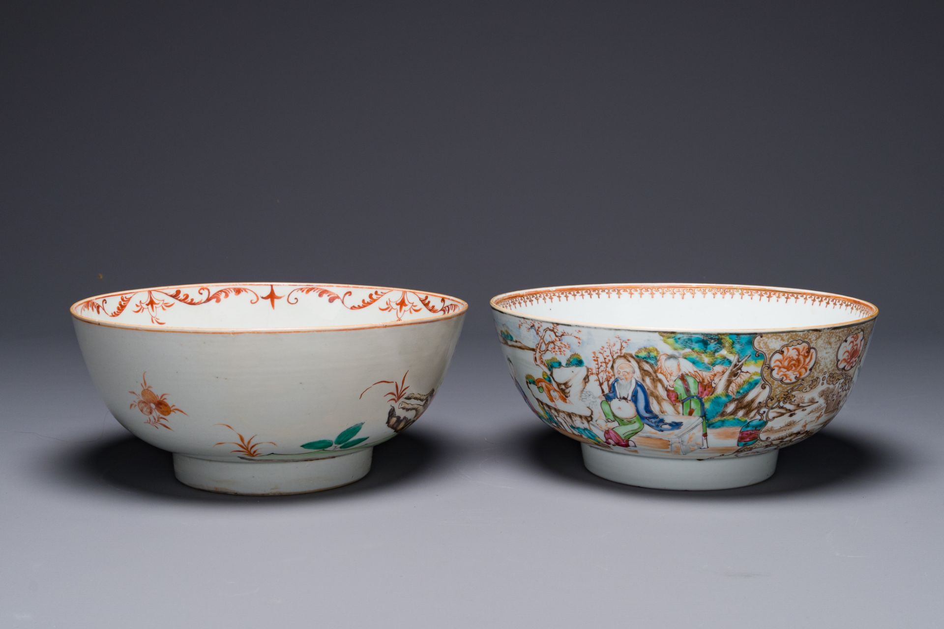 A Dutch-decorated Chinese bowl and a Canton famille rose 'mandarin subject' bowl, Qianlong - Image 5 of 8