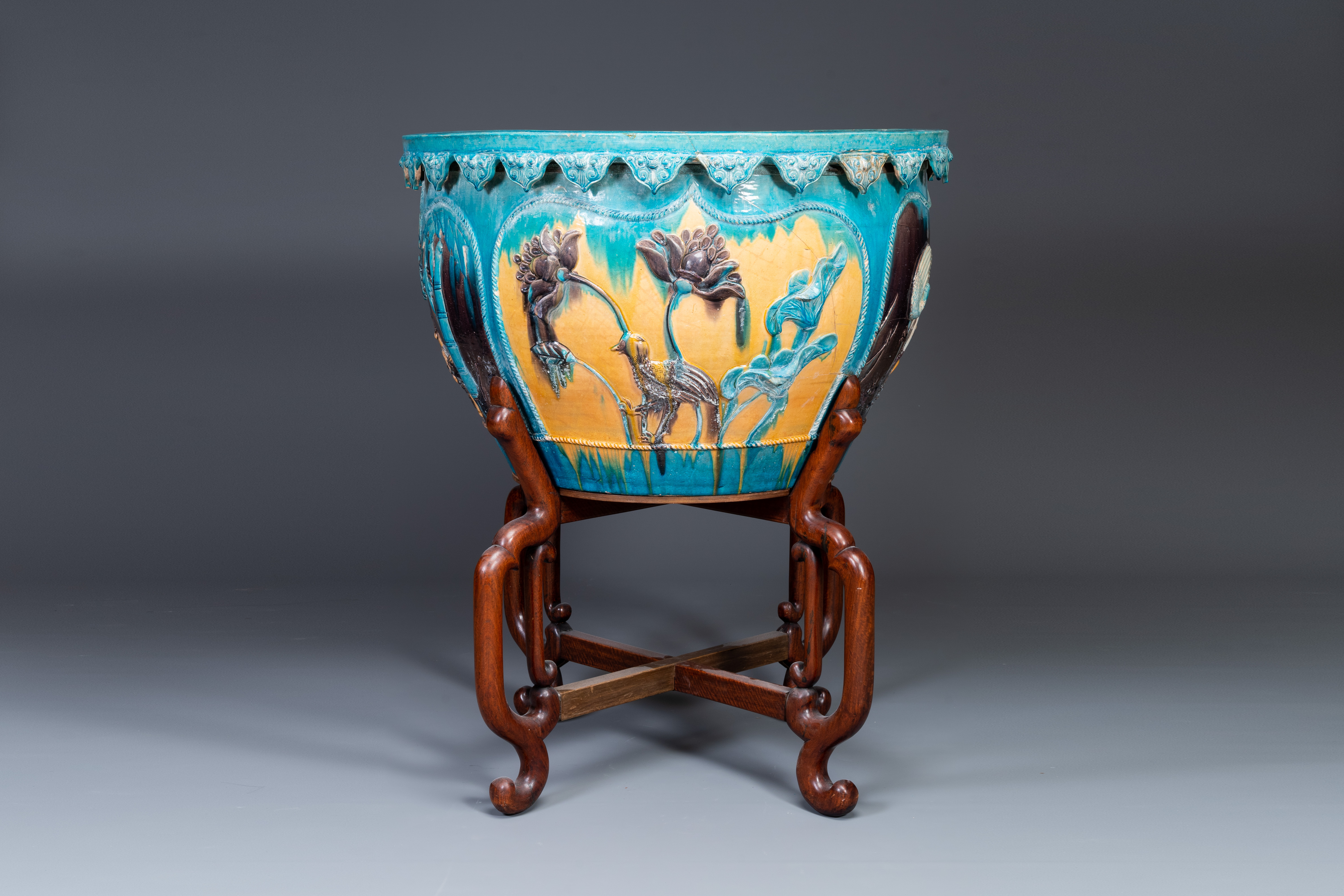 A large Chinese Fahua fish bowl with applied design of birds and deer among flowering branches, Ming - Image 2 of 8