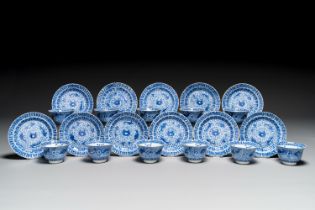 Eleven Chinese blue and white 'crab and fish' cups and saucers, Kangxi mark, Guangxu