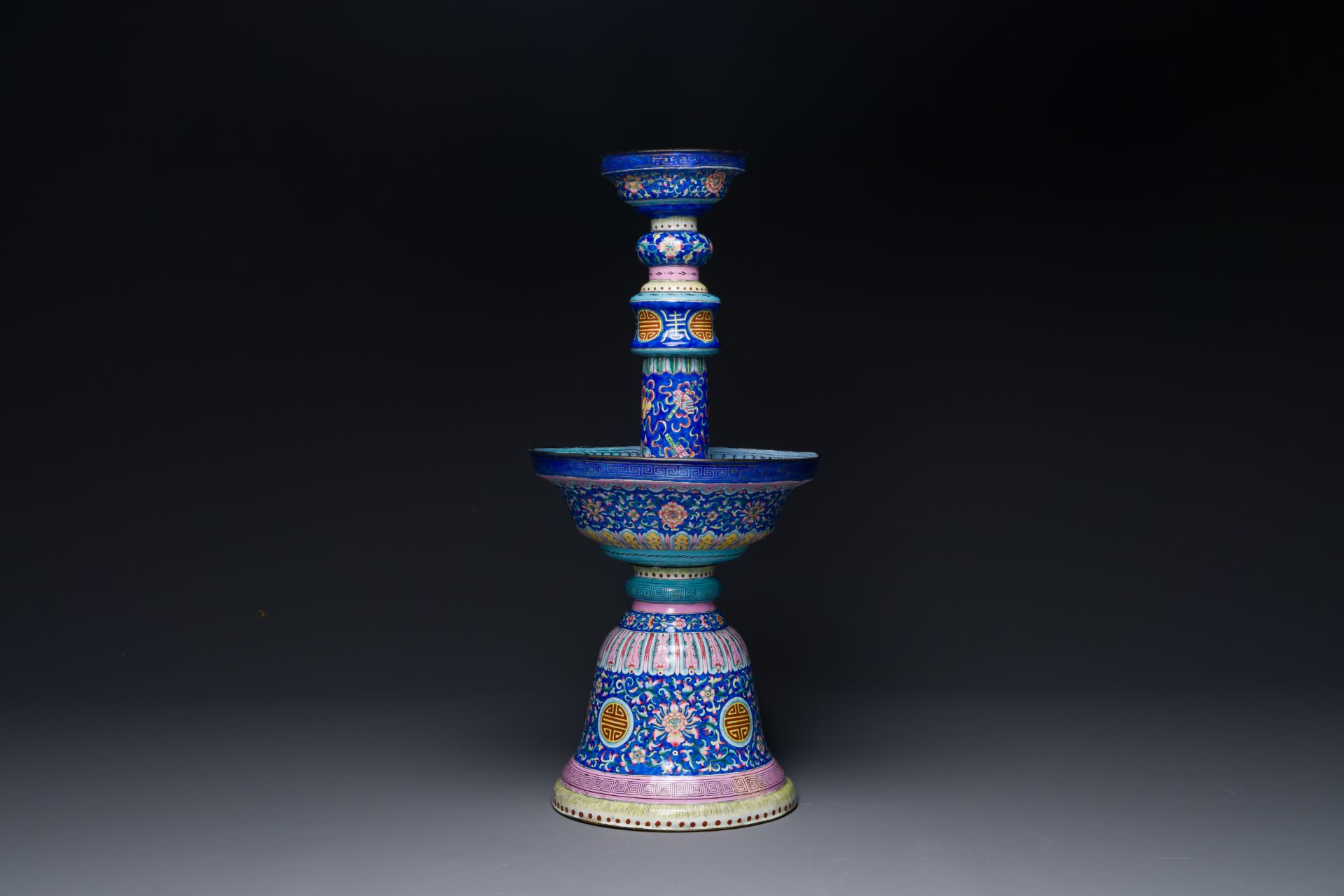 A large Chinese Canton enamel blue-ground 'shou' candlestick, Qianlong/Jiaqing - Image 3 of 5