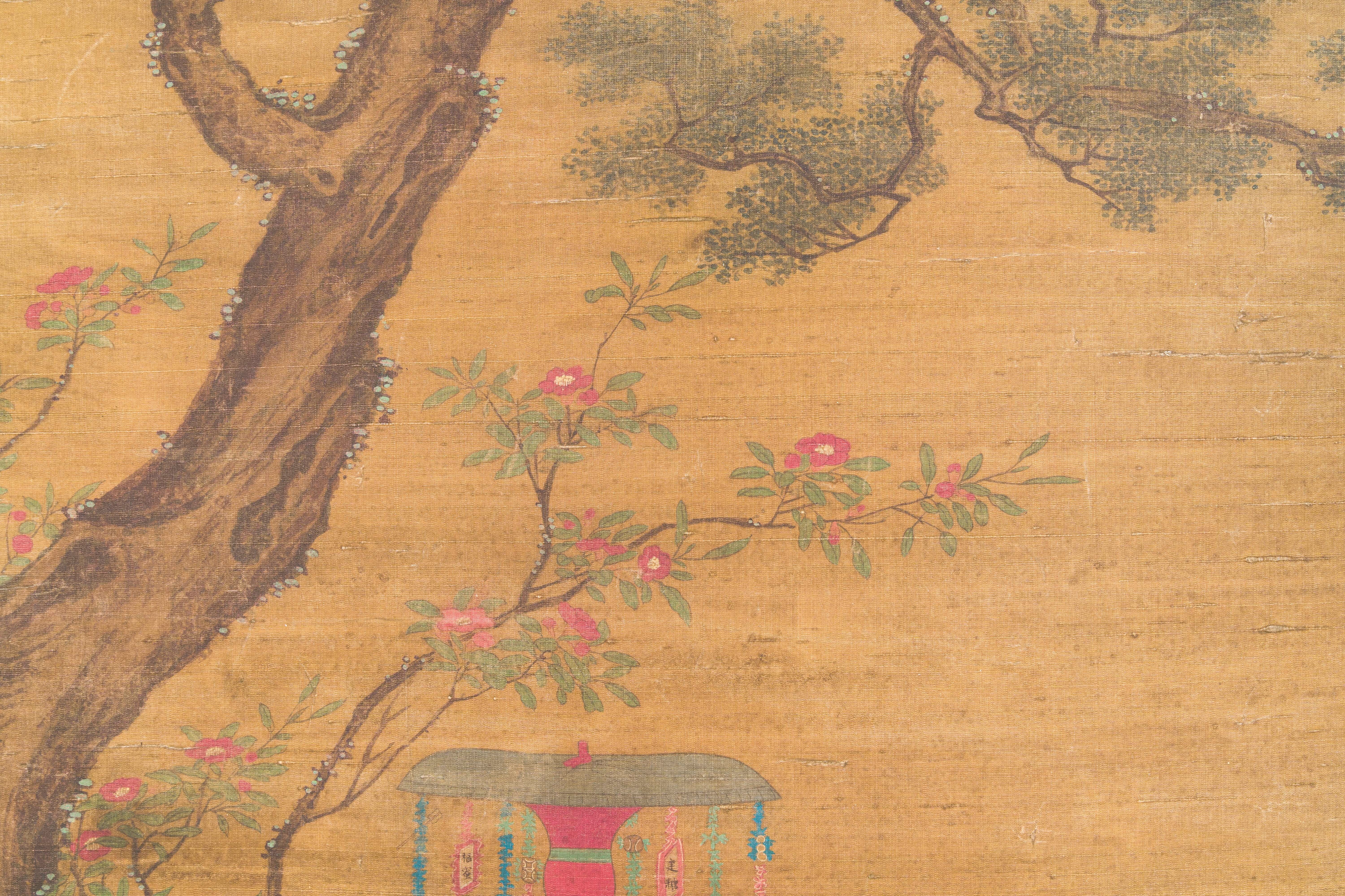 Chinese school: 'Gathering under the pine', ink and colour on silk, 18/19th C. - Image 4 of 5