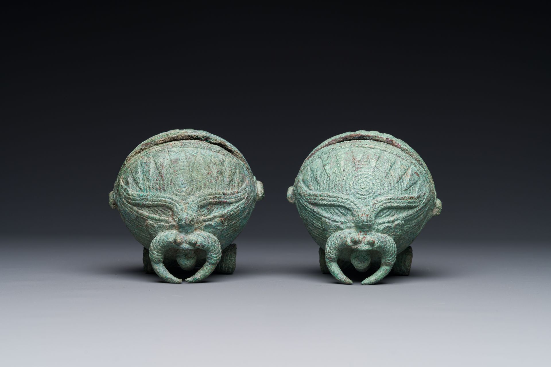 A pair of round bronze bells for water buffalo, Cambodia, Batambang provence, 300 BC - Image 6 of 15