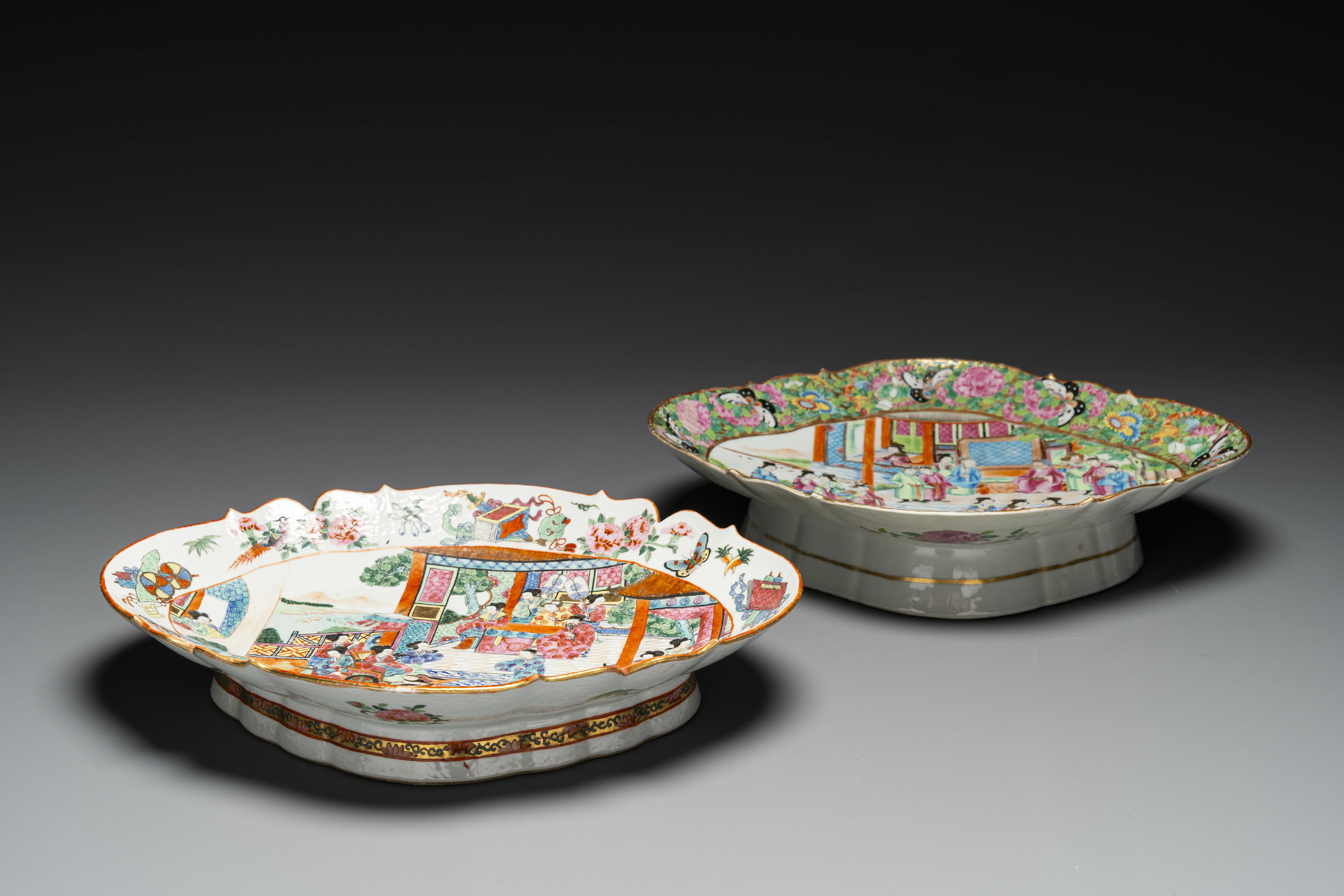Two oval Chinese Canton famille rose tazzas, 19th C. - Image 3 of 3