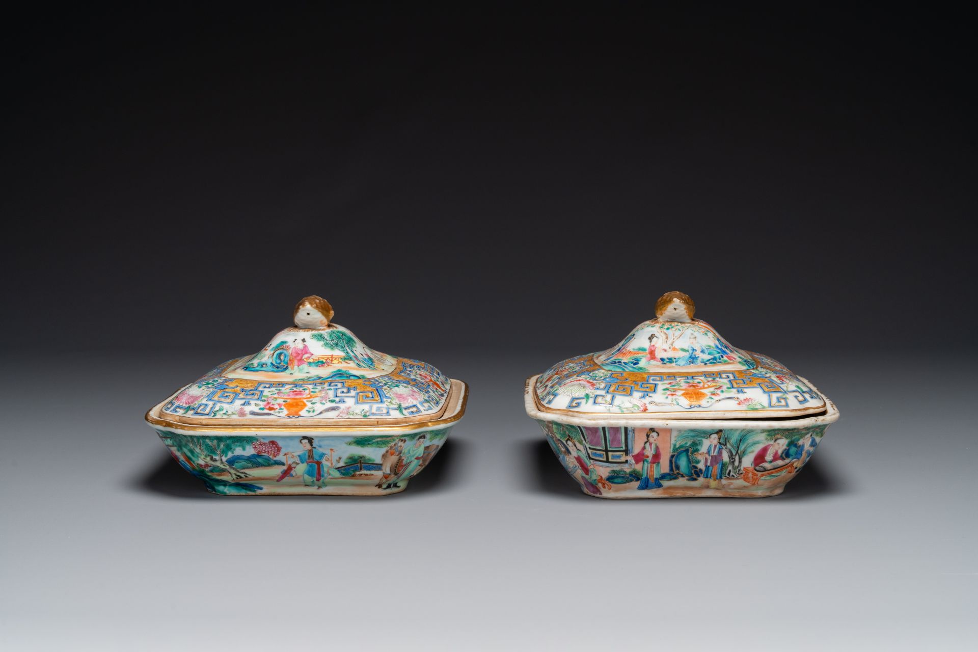 A pair of Chinese 'CSM' monogrammed Canton famille rose tureens and covers, 19th C. - Image 2 of 6