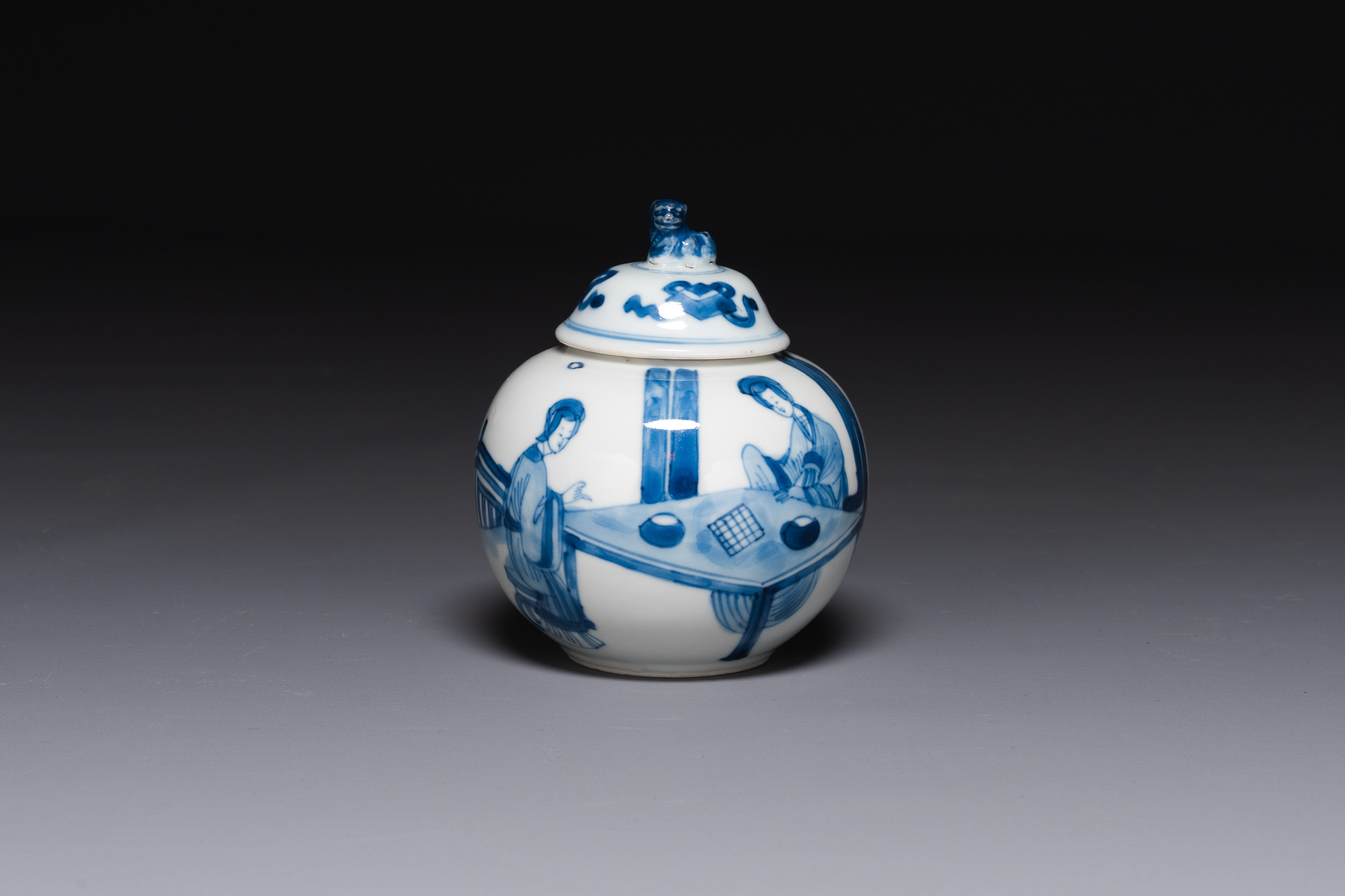 A Chinese blue and white 'Long Eliza' tea caddy and cover, conical shell mark, Kangxi