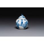 A Chinese blue and white 'Long Eliza' tea caddy and cover, conical shell mark, Kangxi