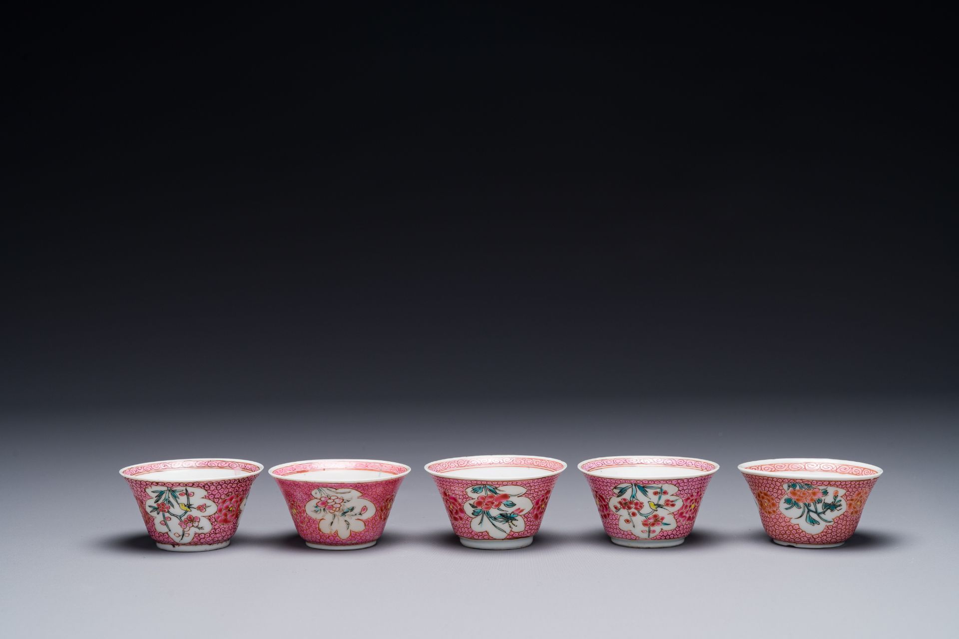 Five Chinese famille rose cups and saucers with figures, Yongzheng - Image 3 of 8