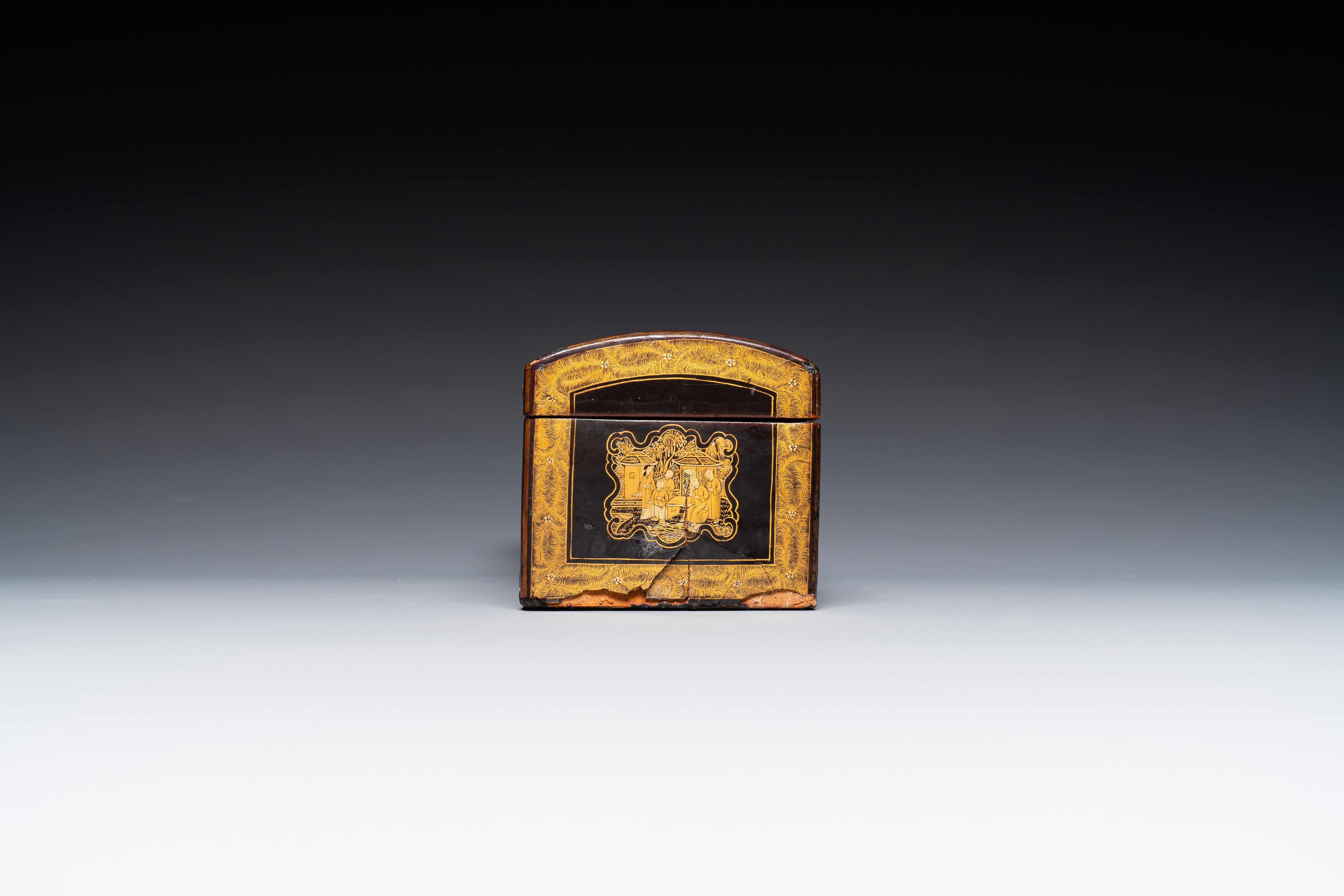 A large Chinese Canton gilt black lacquer tray, thee boxes and a fan, 19th C. - Image 13 of 17