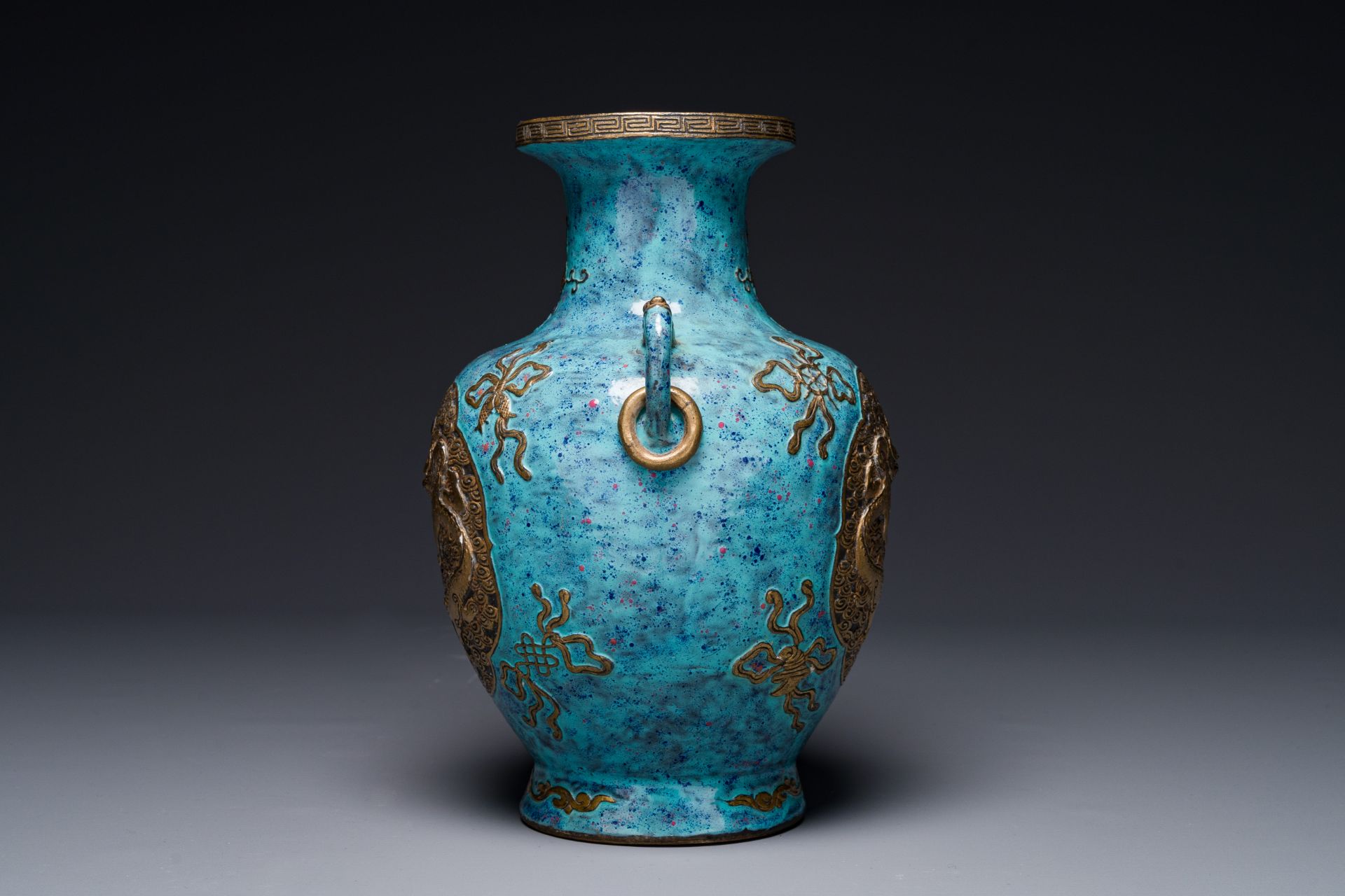 A Chinese 'robin's egg and imitation bronze'-glazed 'hu' vase, Qianlong mark, 19th C. - Image 2 of 5