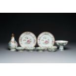 A varied collection of eight pieces of Chinese famille rose porcelain, 18/19th C.