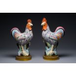 A pair of large Chinese famille rose models of roosters with gilt bronze mounts, Qianlong