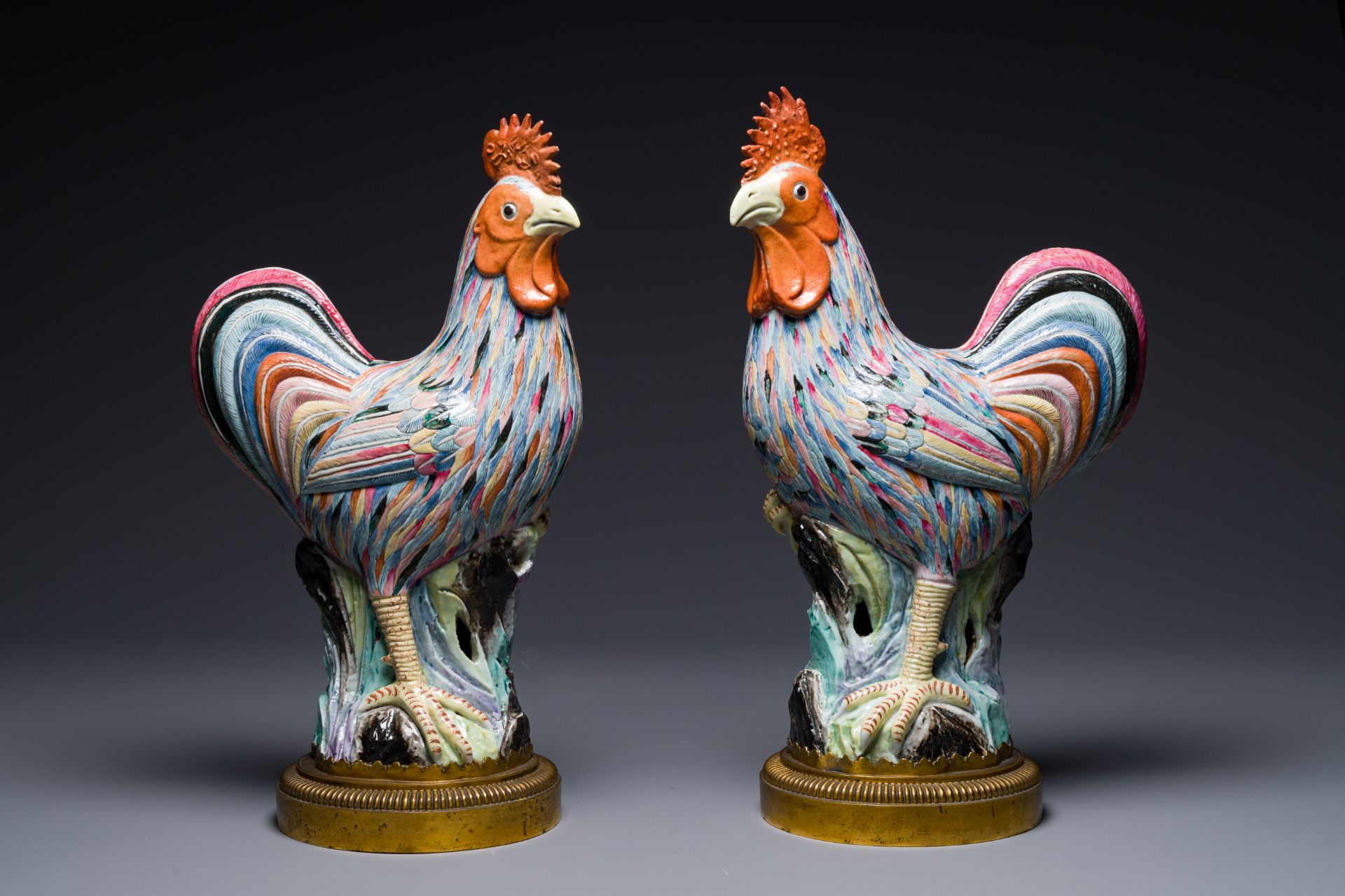 A pair of large Chinese famille rose models of roosters with gilt bronze mounts, Qianlong