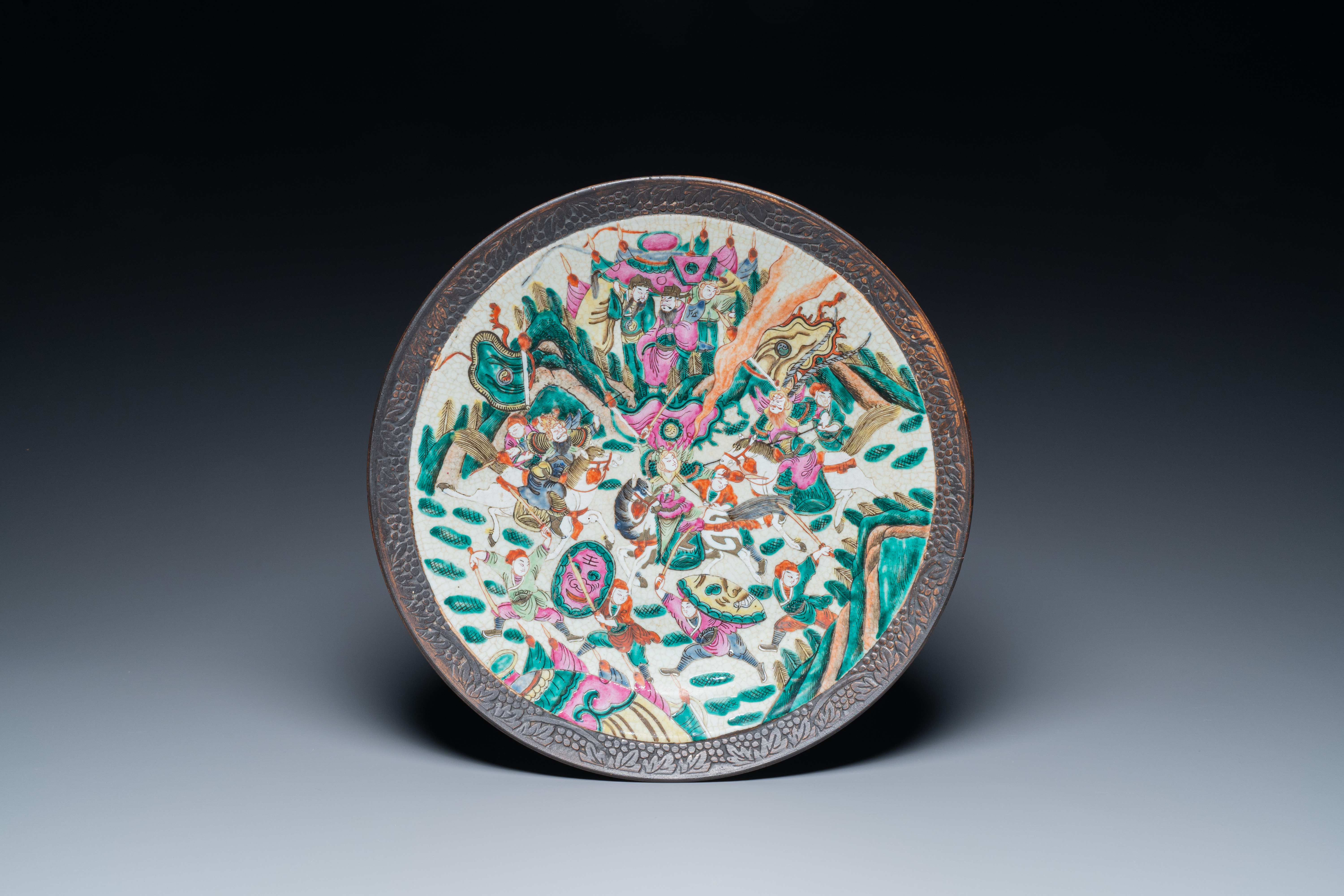 A pair of Chinese Nanking crackle-glazed famille rose jars and a dish, Chenghua mark, 19th C - Image 2 of 9