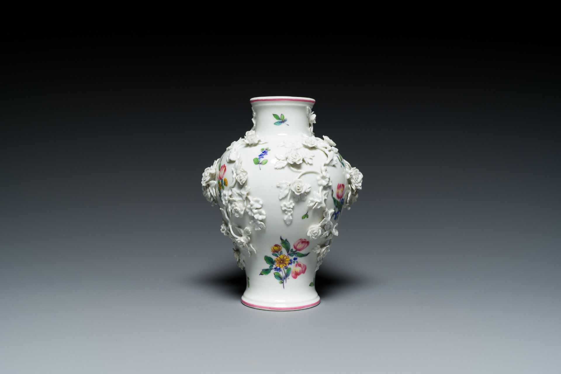 A Mennecy vase with applied floral design, France, DV mark, 18th C. - Image 10 of 16