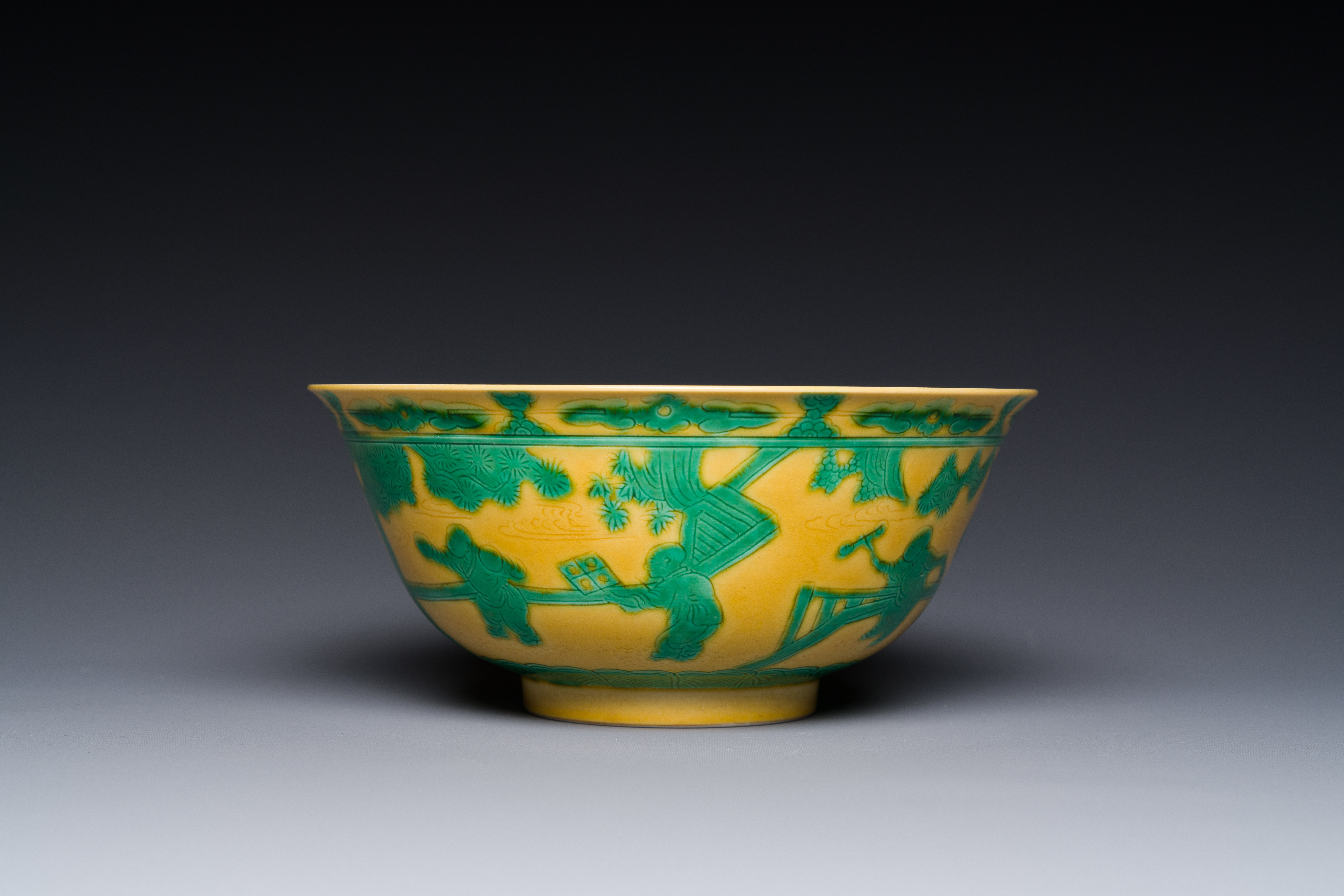 A Chinese yellow-ground 'playing boys' bowl, Yongzheng mark and prossibly of the period - Image 3 of 7