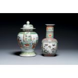 A Chinese famille verte covered vase and a bottle vase, 19th C.