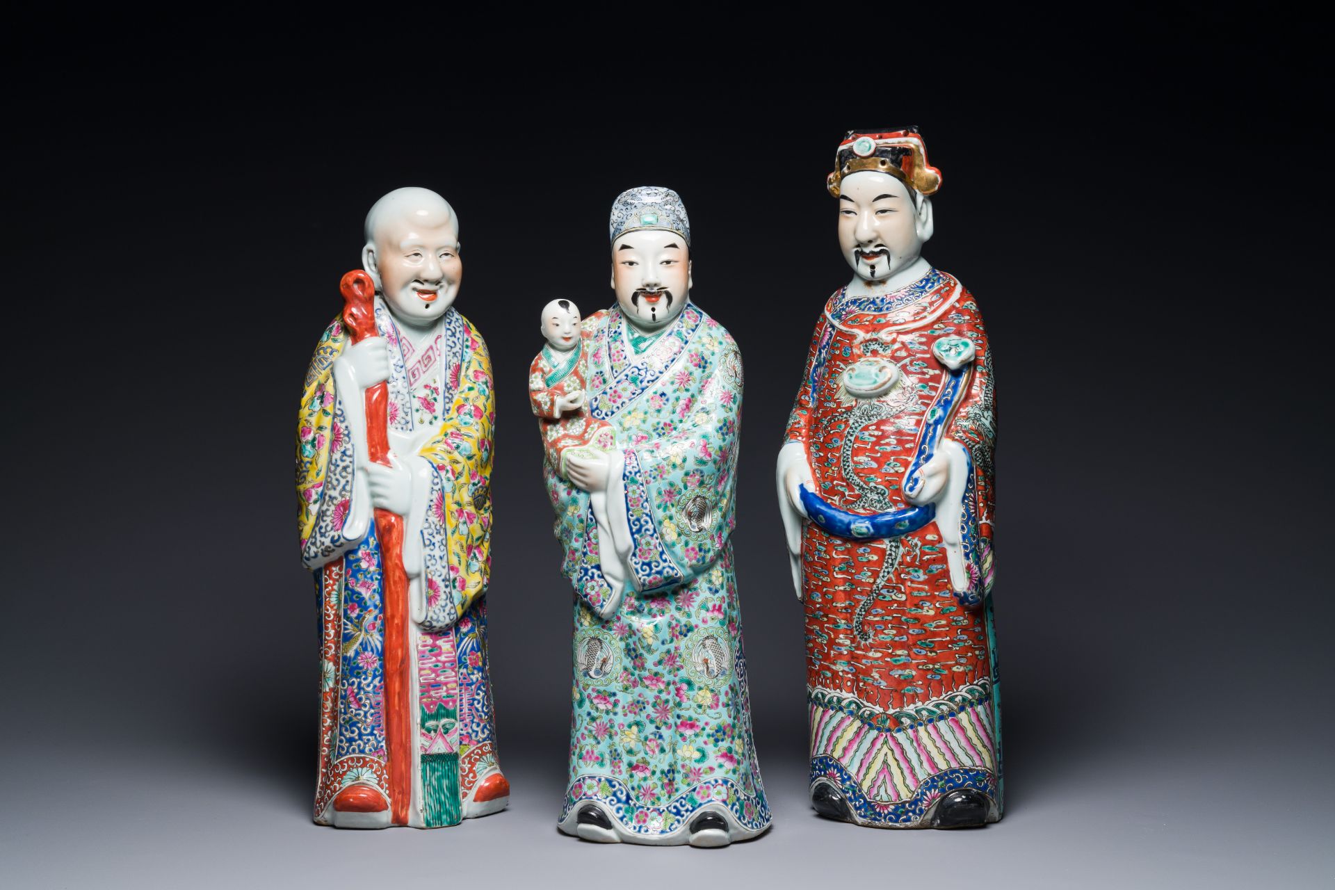 Three Chinese famille rose figures of star gods, seal marks, 19/20th C.