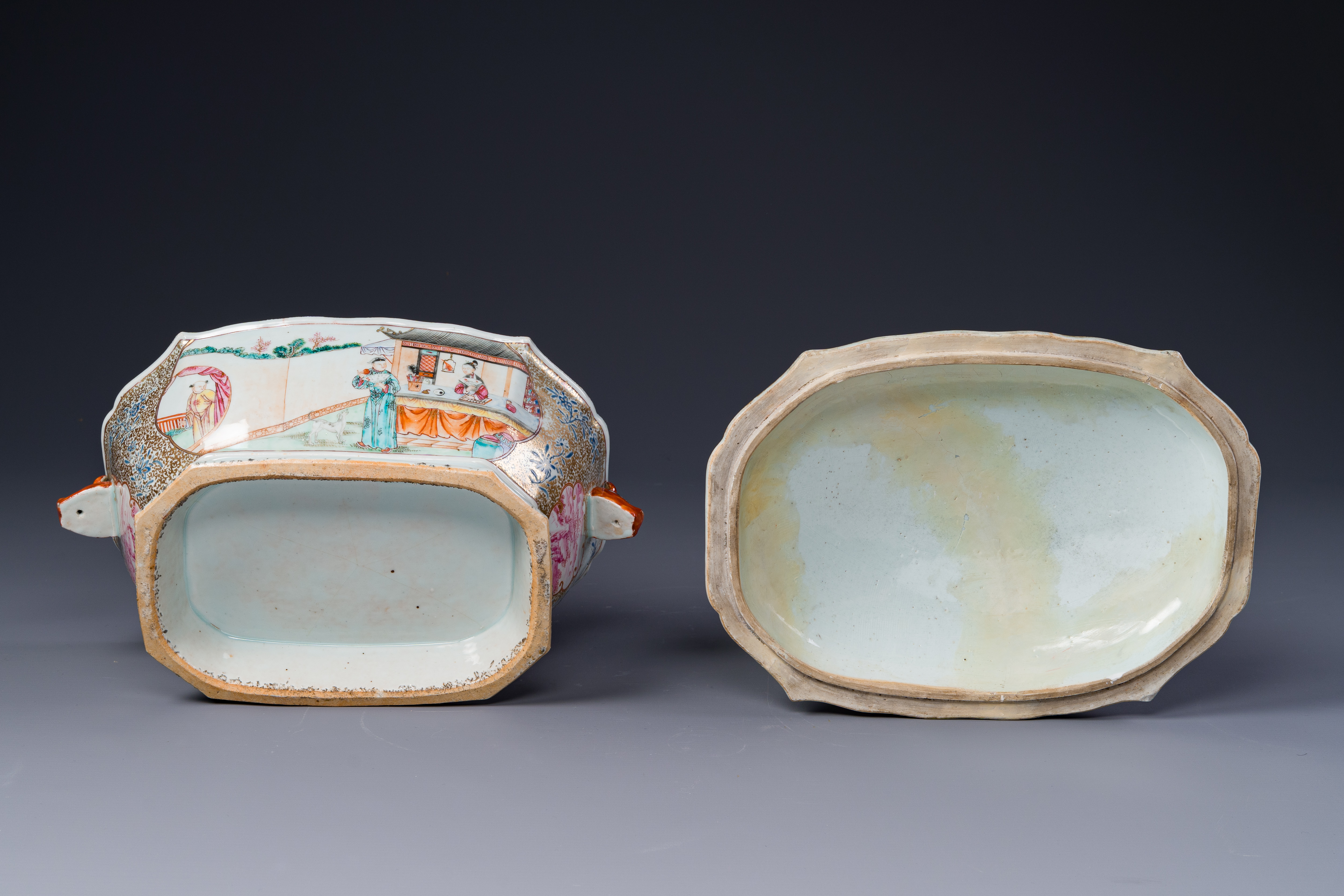 A Chinese Canton famille rose 'mandarin subject' tureen, cover and stand, Qianlong - Image 7 of 9