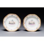 A pair of Chinese 'H' monogrammed famille rose plates with landscape design, Jiaqing