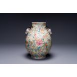 A Chinese famille rose 'millefleurs' 'hu' vase, Qianlong mark, Republic