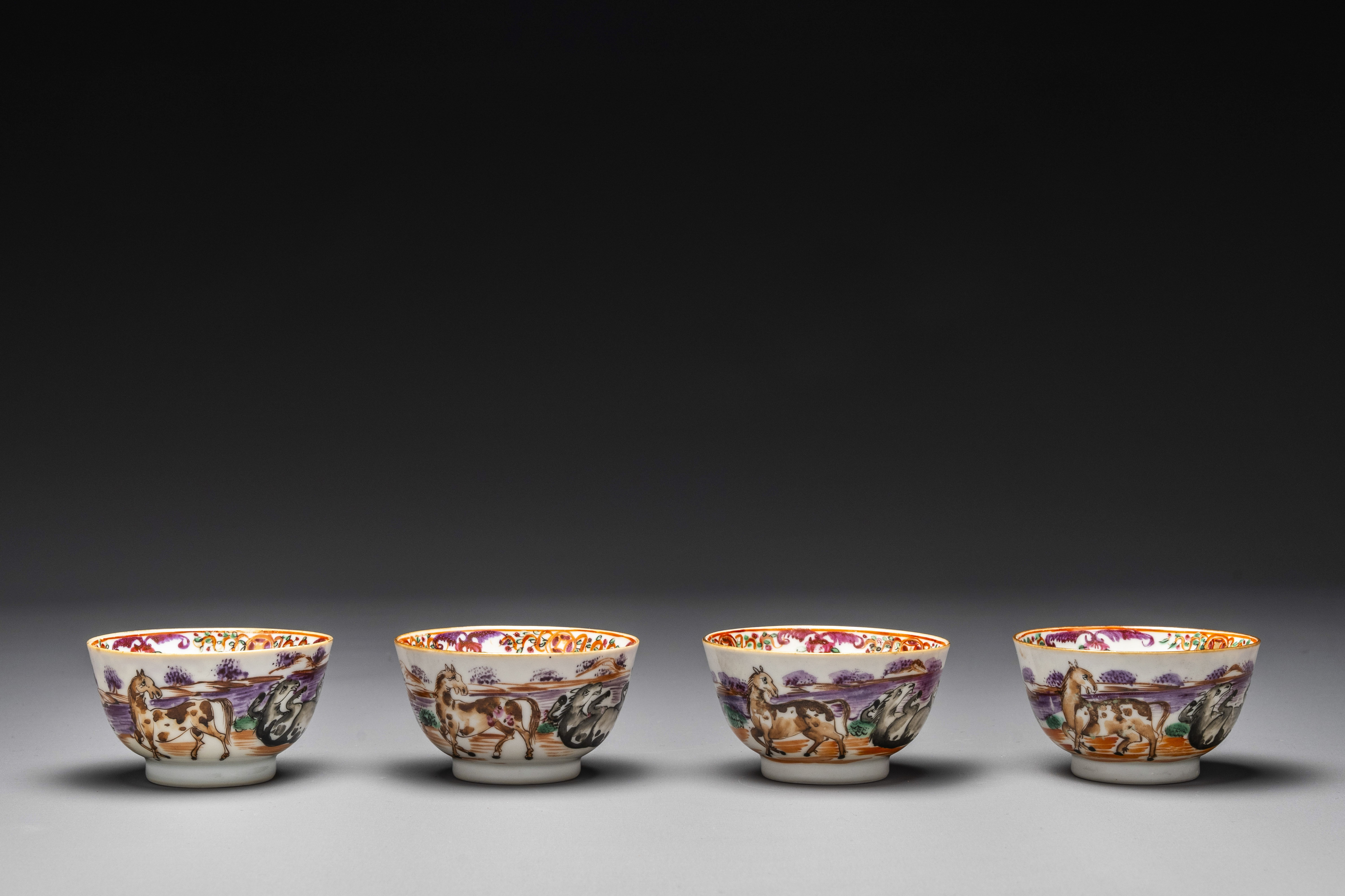 Four Chinese famille rose cups and saucers and an ewer with design of two horses, Qianlong - Image 10 of 15