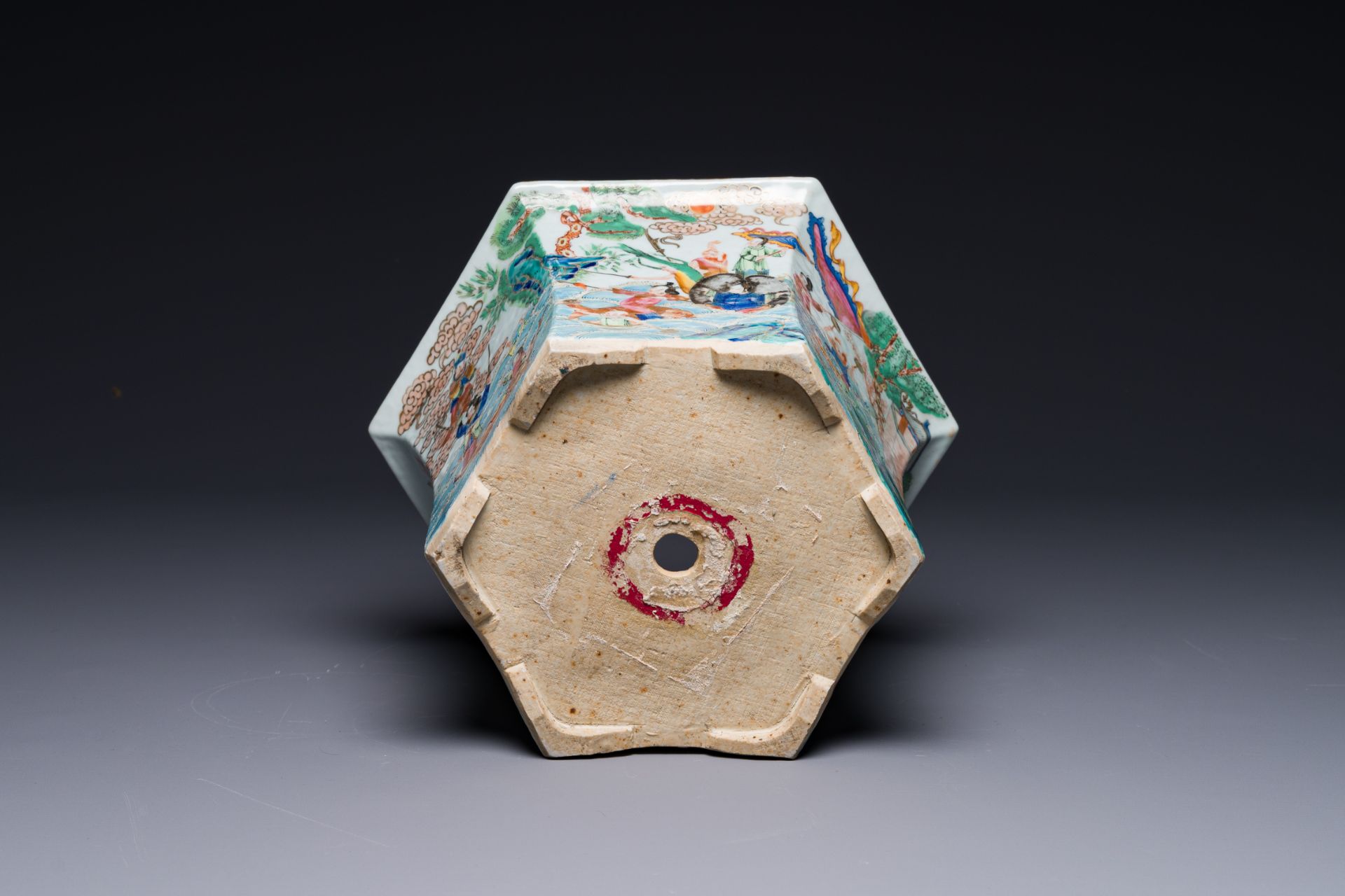 A very fine hexagonal Chinese Canton famille rose jardiniere, 19th C. - Image 9 of 9