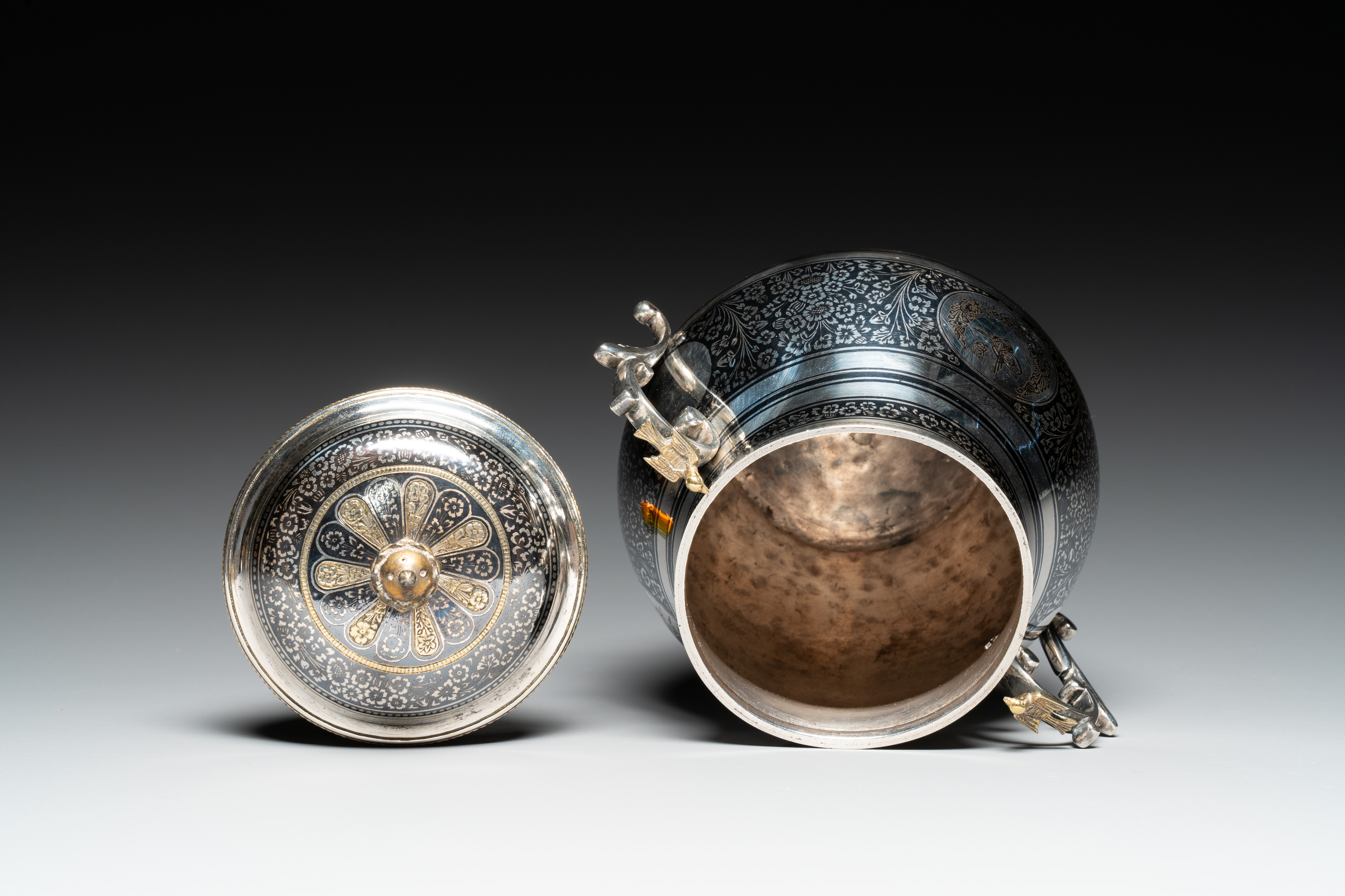 An Ottoman parcel-gilt niello silver vessel and cover, Turkey, period of Sultan Abdulhamid II (1876- - Image 4 of 6