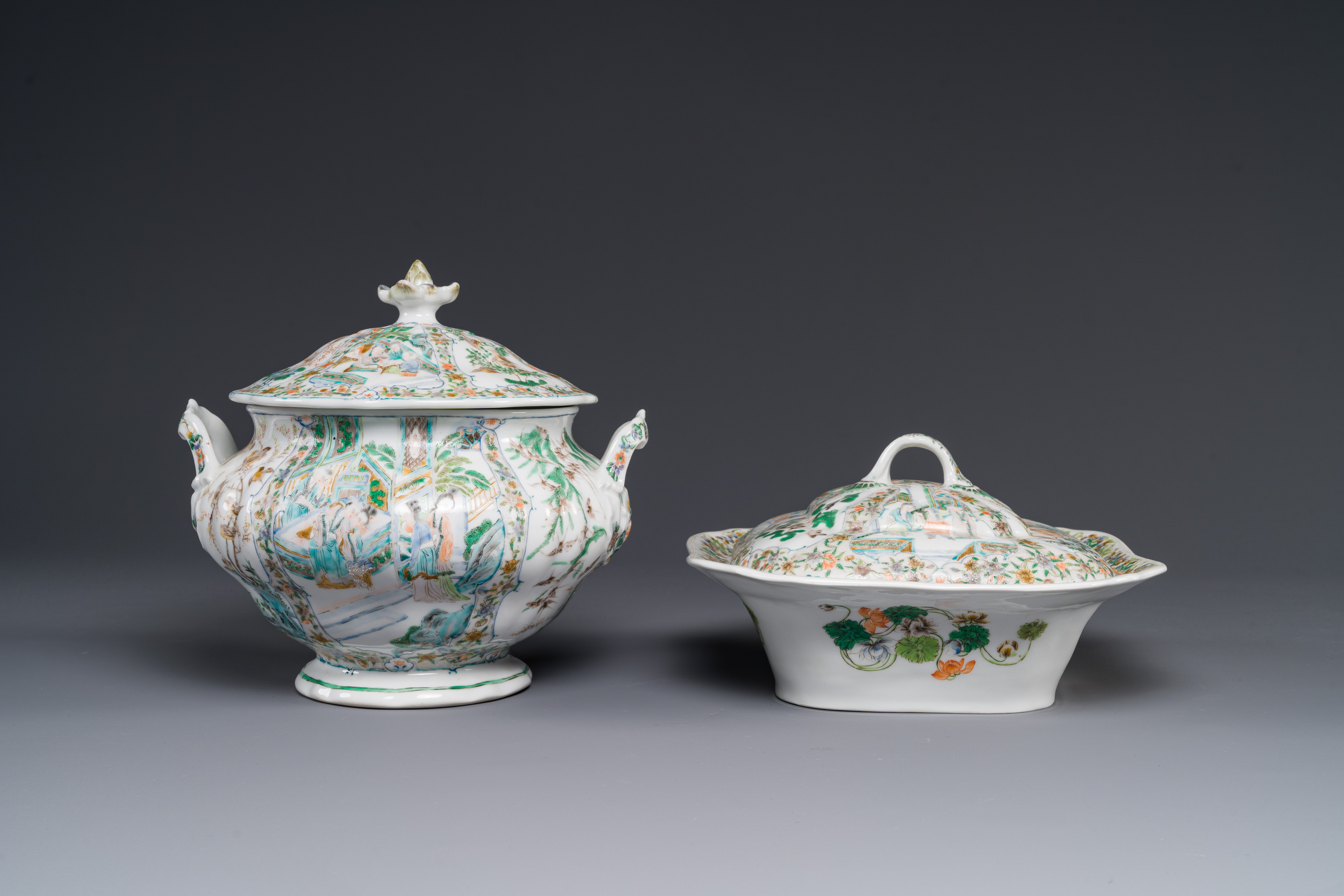 A rare 30-piece KPM porcelain service with Cantonese famille verte painting, China and Germany, 19th - Image 9 of 13