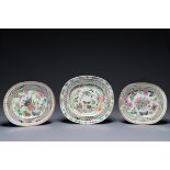 Three Chinese Canton famille rose reticulated oval dishes with flowers, butterflies and marine anima
