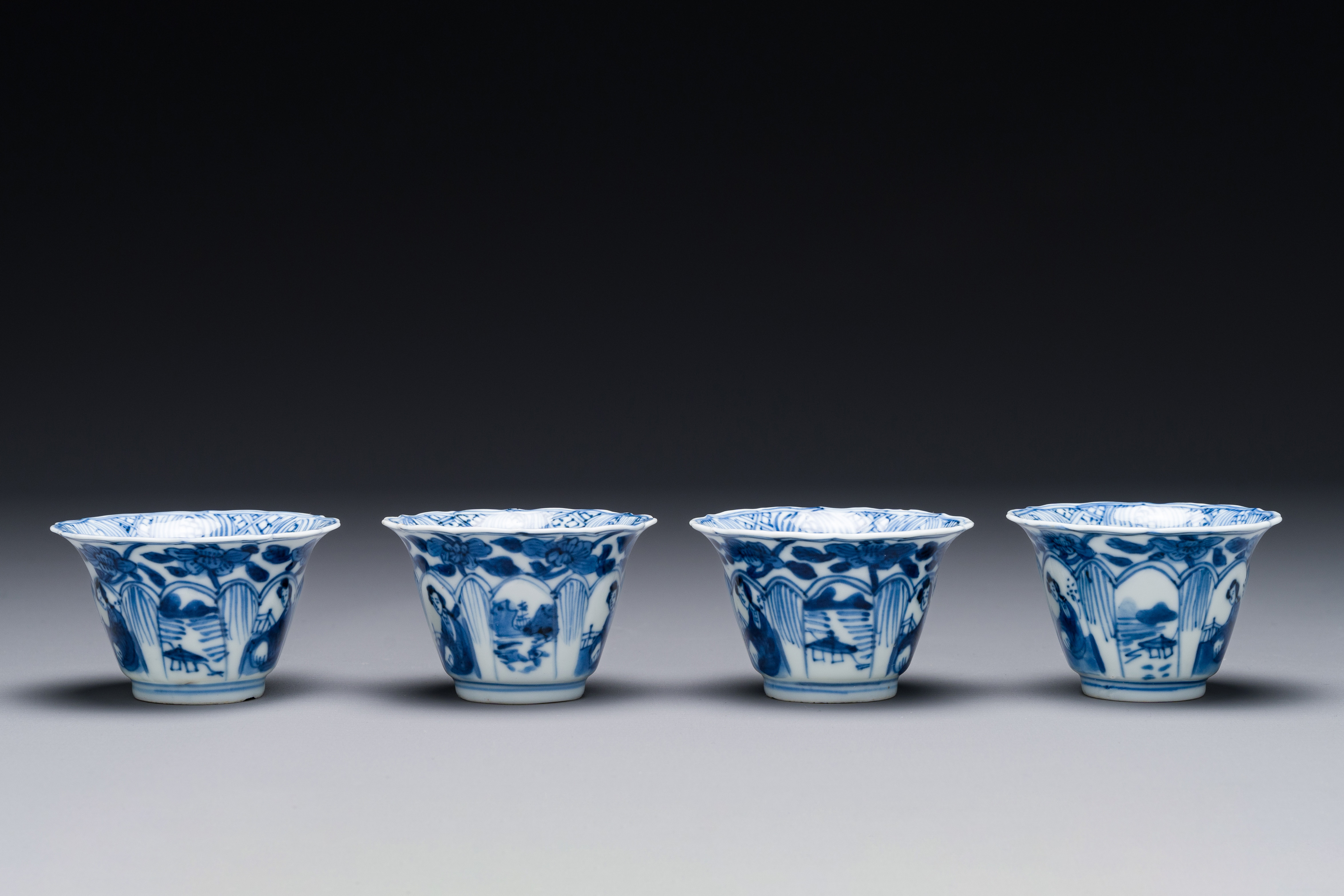 Four Chinese blue and white cups and saucers and a Chinese Imari-style shaving bowl, Kangxi Qianlong - Image 7 of 9