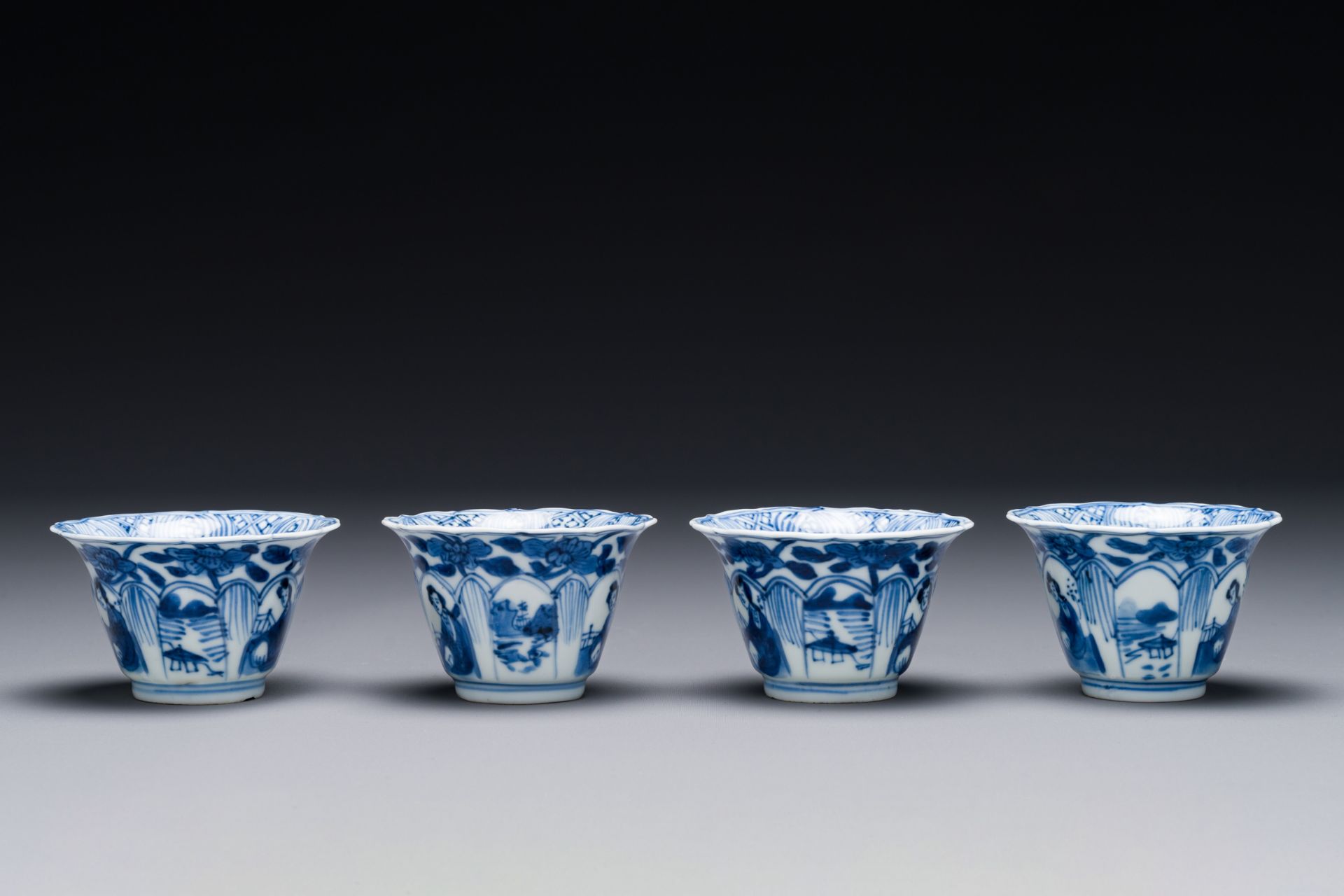 Four Chinese blue and white cups and saucers and a Chinese Imari-style shaving bowl, Kangxi Qianlong - Image 7 of 9