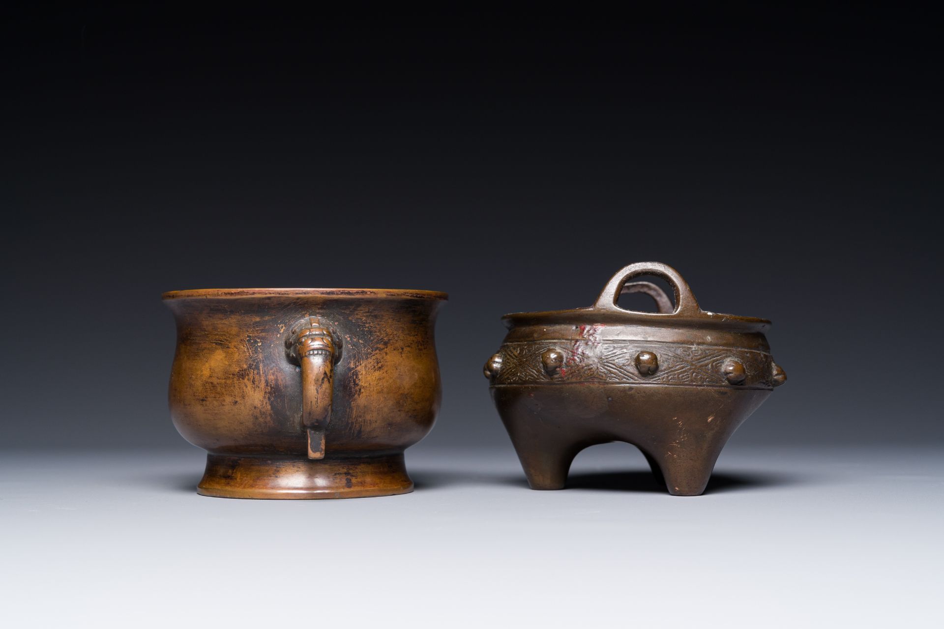 Two Chinese bronze censers, Xuande mark, Yuan/Ming - Image 3 of 7