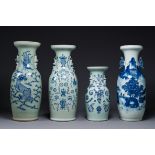 Four Chinese celadon-ground blue and white vases, 19th C.