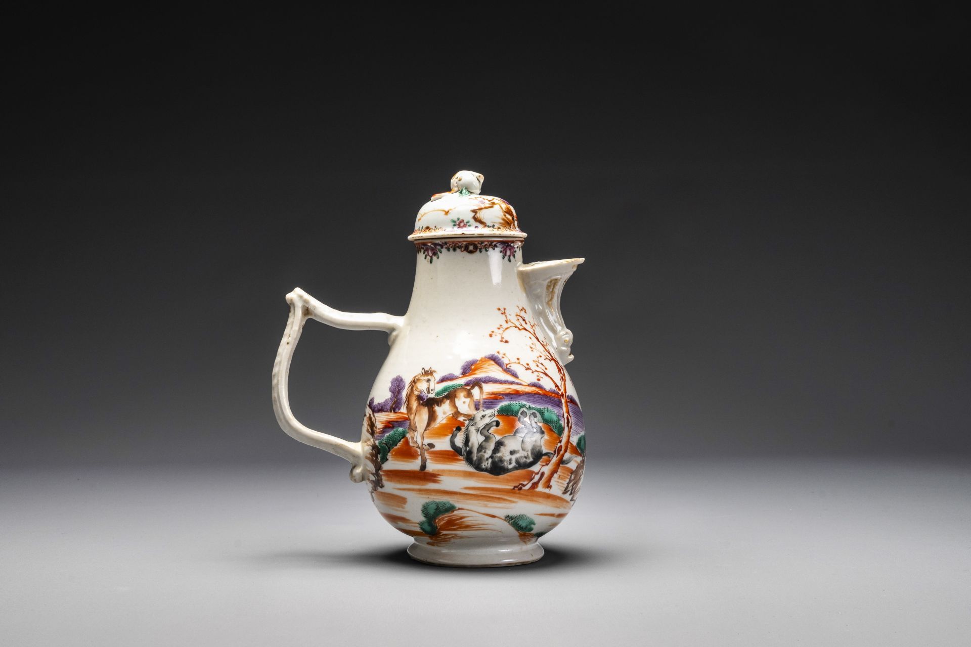Four Chinese famille rose cups and saucers and an ewer with design of two horses, Qianlong - Image 5 of 15