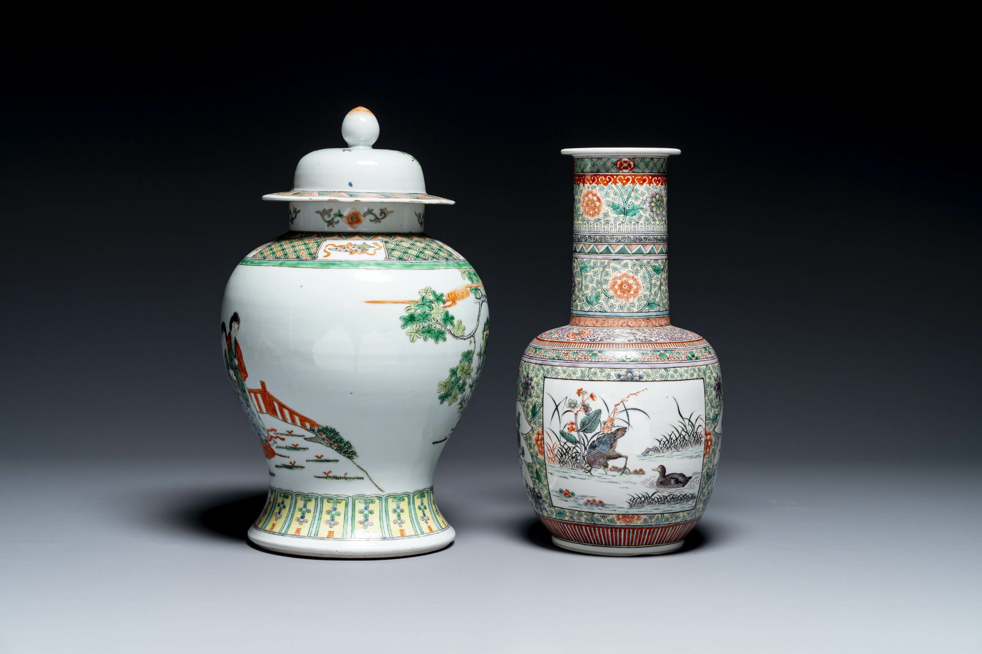 A Chinese famille verte covered vase and a bottle vase, 19th C. - Image 2 of 4